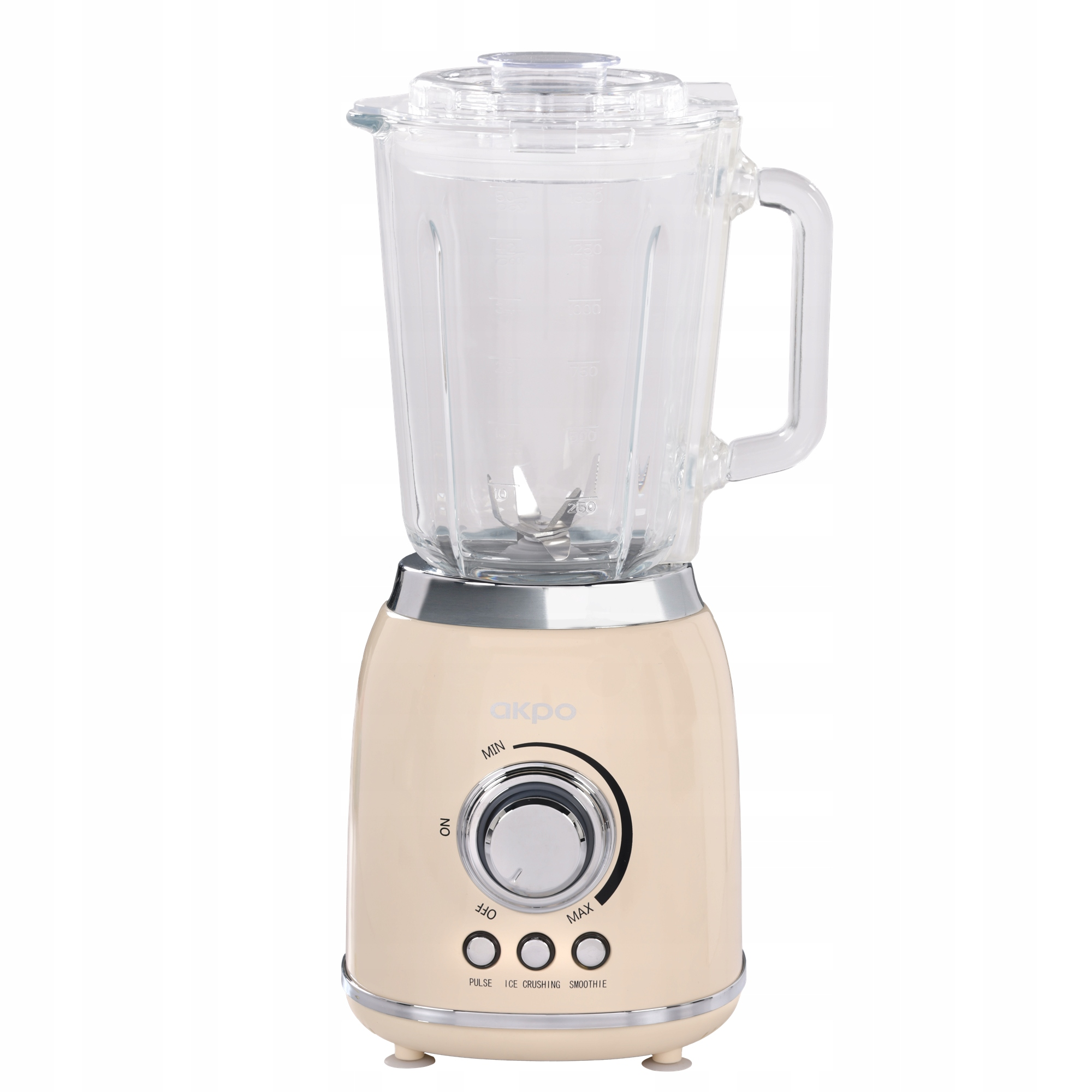 Kremowy blender ze szklanym dzbankiem i srebrnymi pokrętłami.