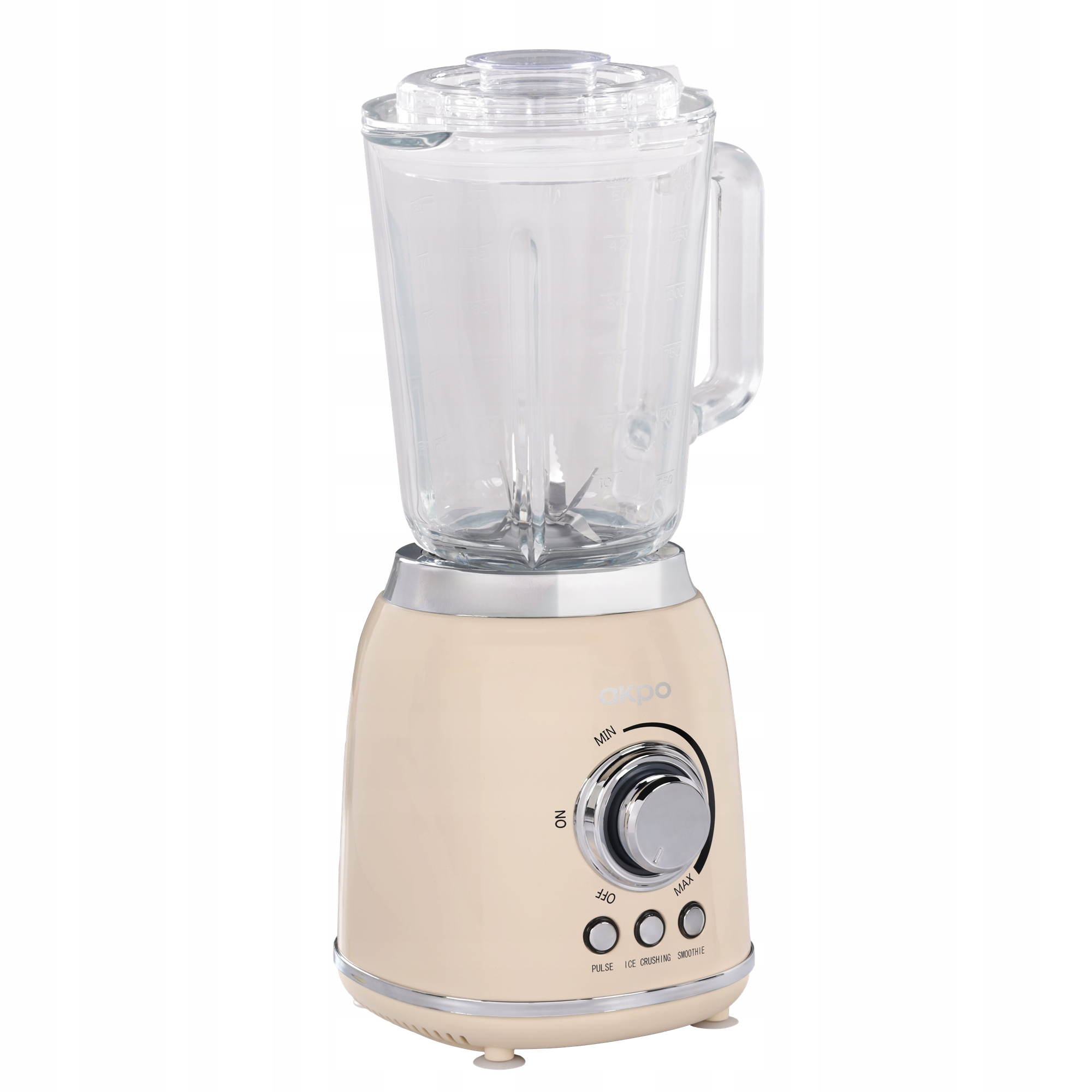 Kremowy blender stojący ze szklanym dzbankiem i srebrnymi pokrętłami.