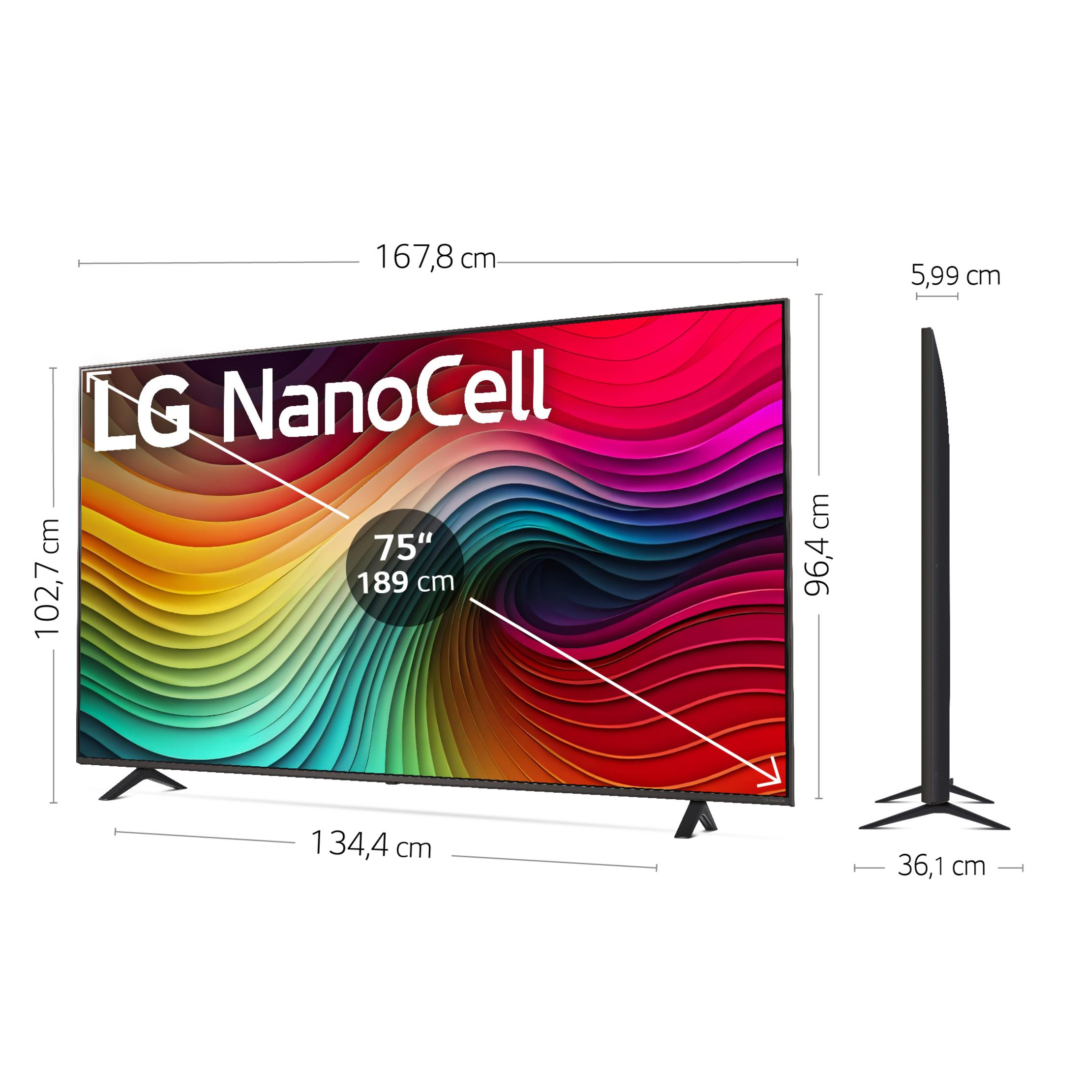 Un televisor LG NanoCell de 75 pulgadas con fondo colorido y dimensiones.