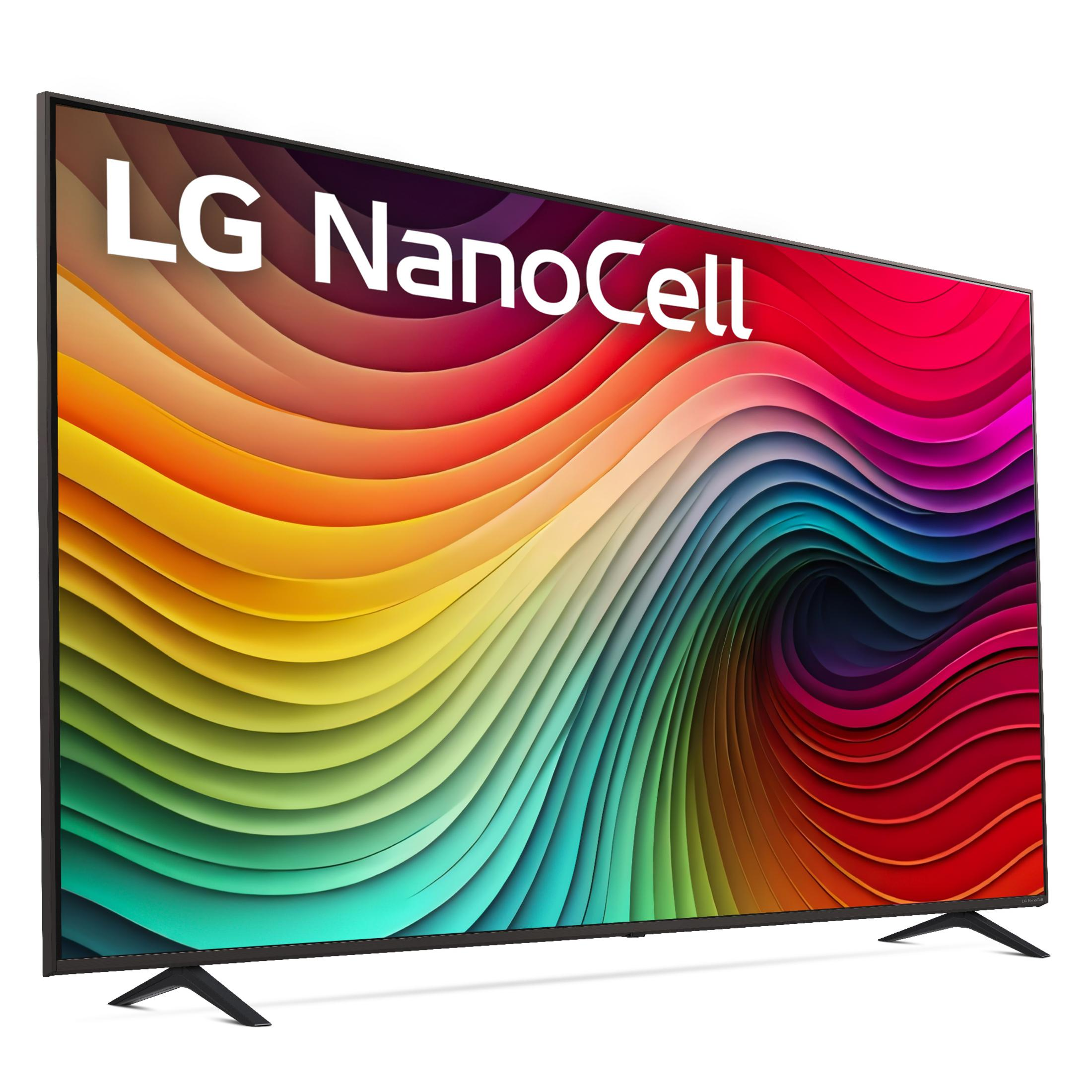 Un televisor LG NanoCell con un diseño de fondo colorido y ondulado.