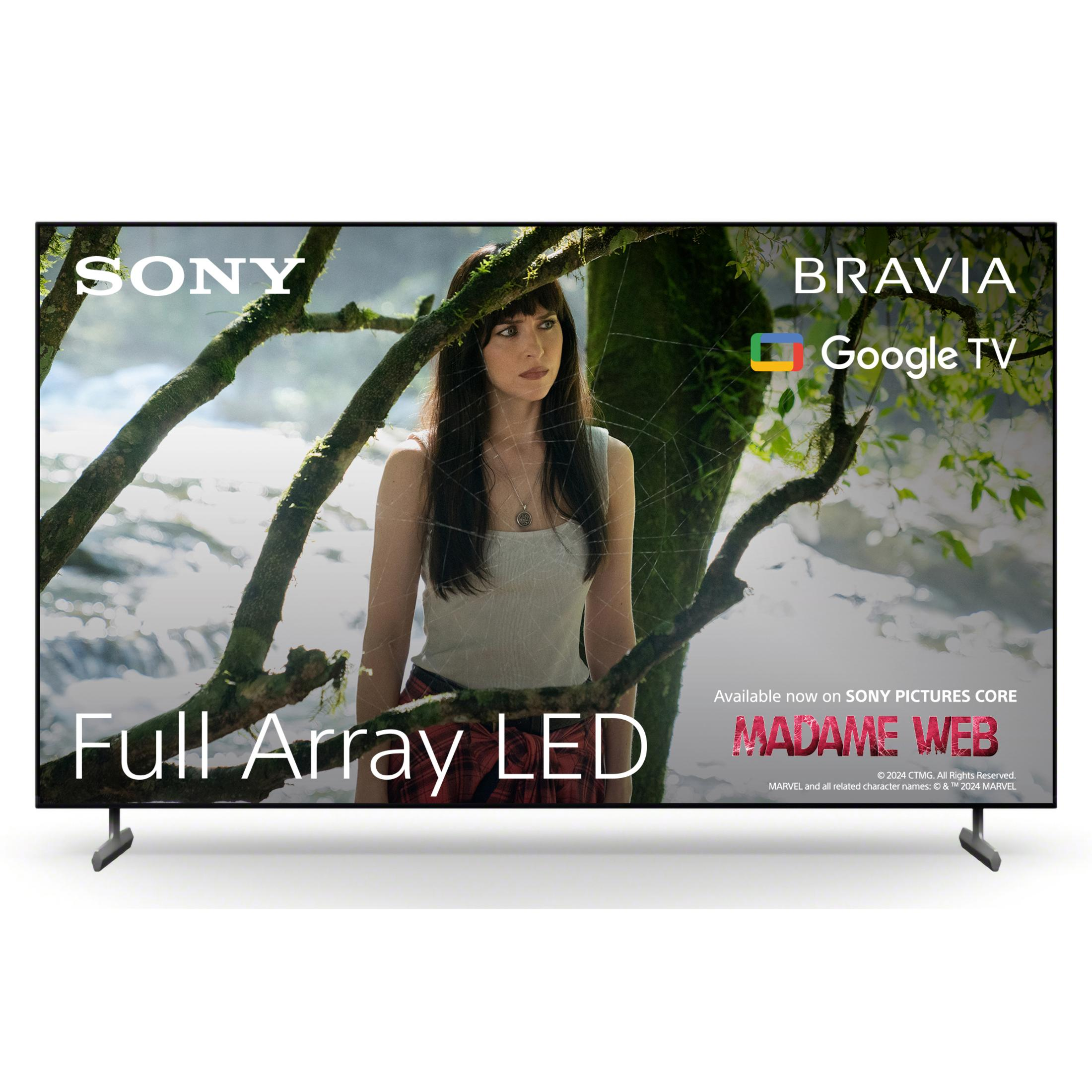 Telewizor Sony Bravia z kobietą w lesie; Full Array LED, Madame Web.