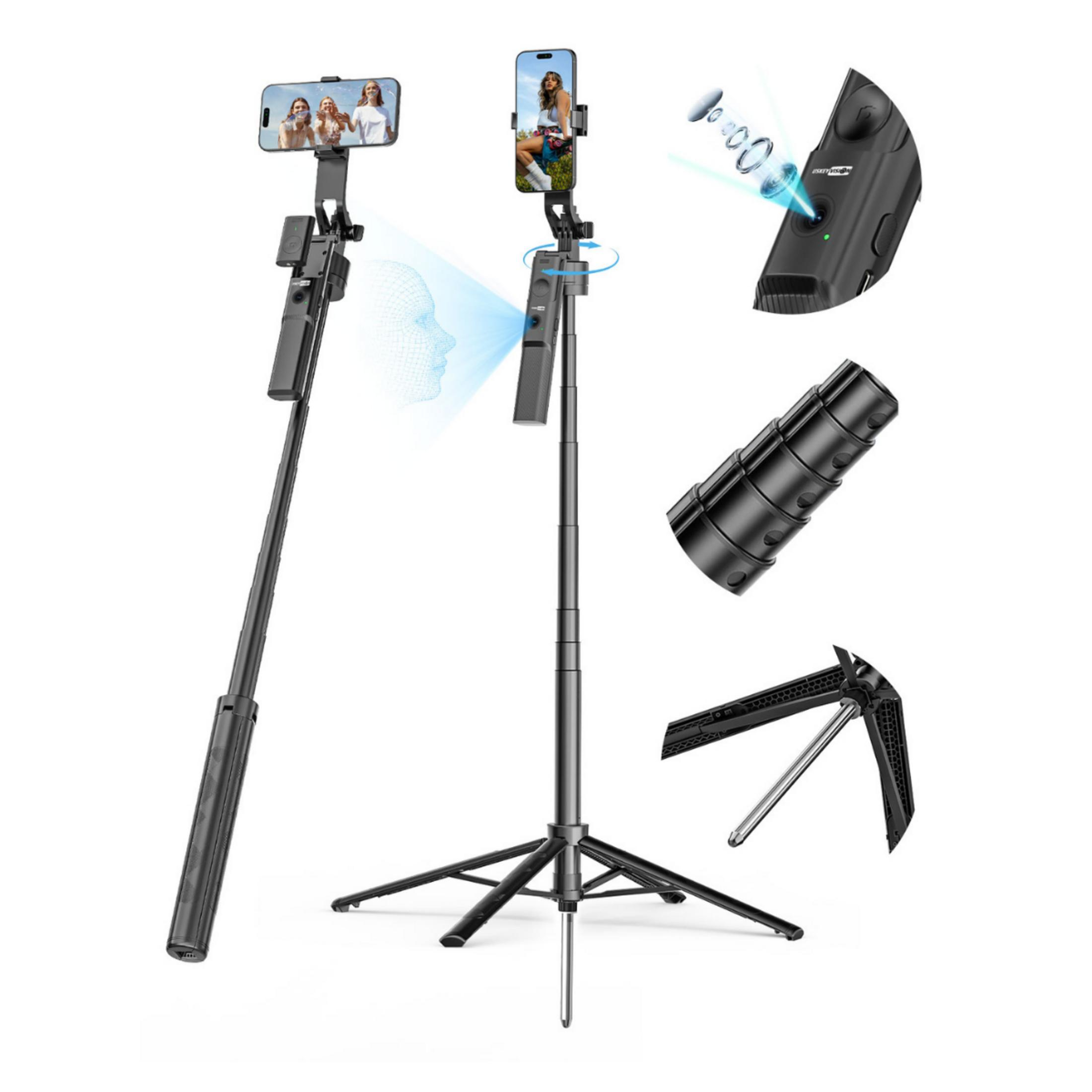 Bir tripod, iki akıllı telefon ve aksesuarlar içeren siyah selfie çubuğu.