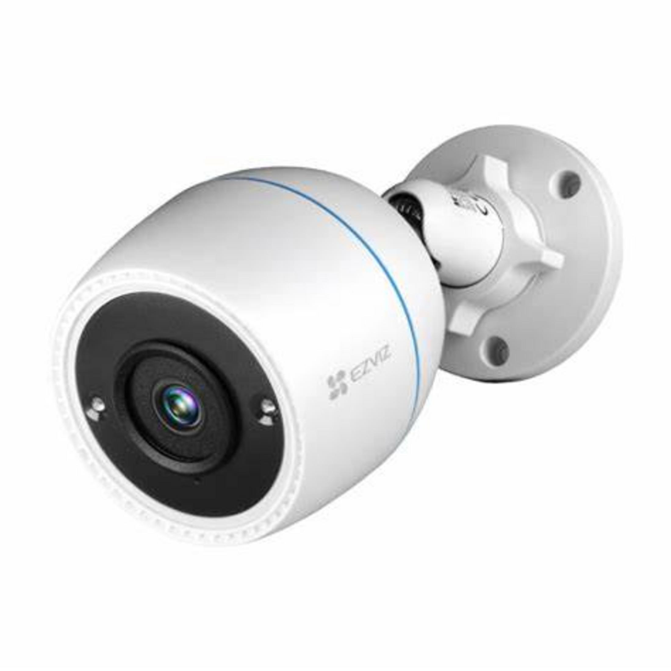 Una telecamera di sicurezza bianca con accenti blu e un obiettivo.