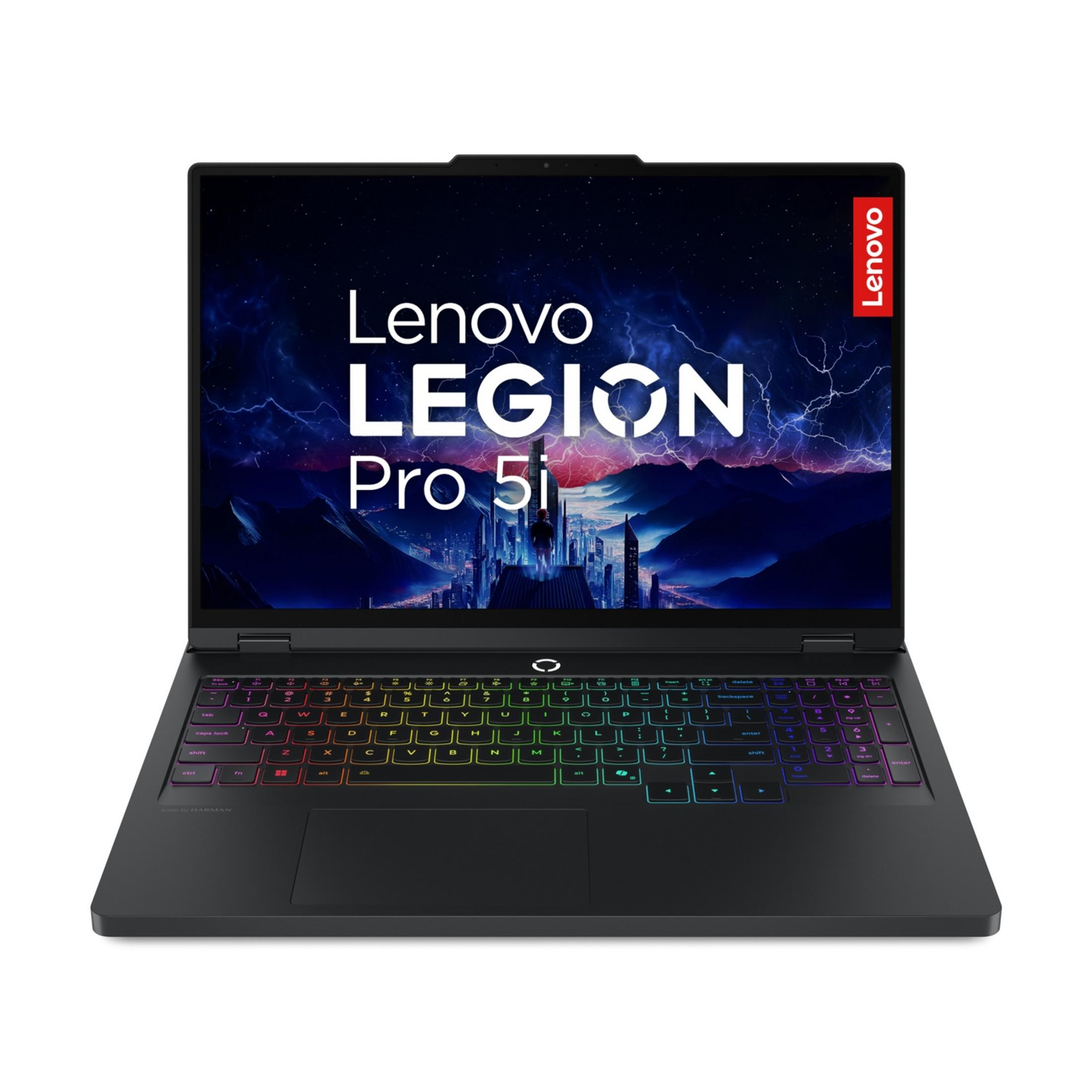 Un laptop nero Lenovo Legion Pro 5i con tastiera retroilluminata e sfondo futuristico.