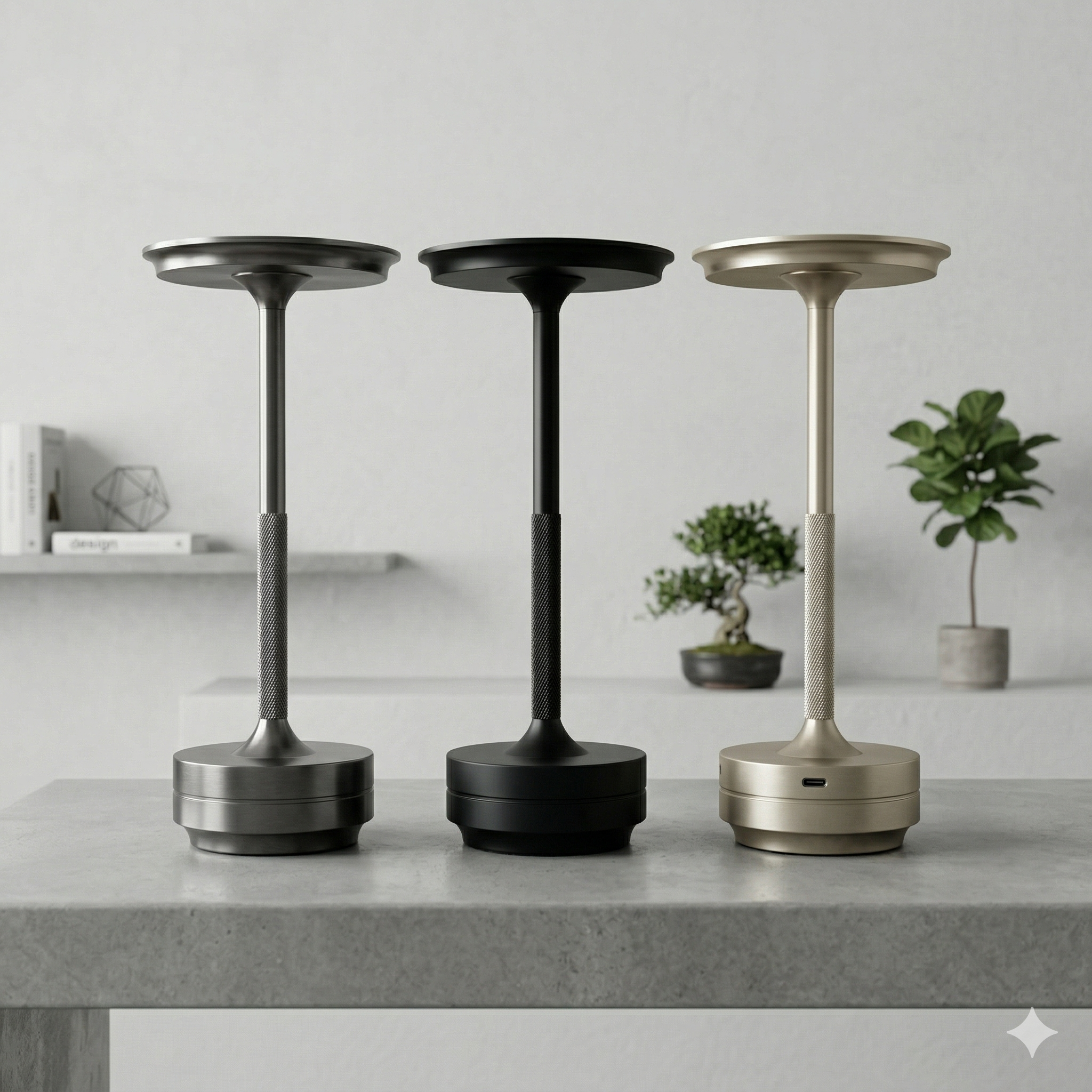 Drei Lampen in Grau, Schwarz und Gold auf einem Tisch, mit Pflanzen im Hintergrund.