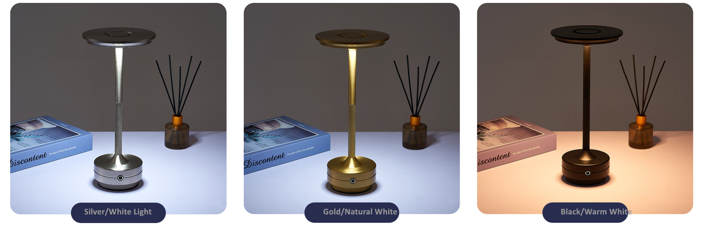 Silberne Lampe, Buch und Duftstäbchen mit weißem Licht.