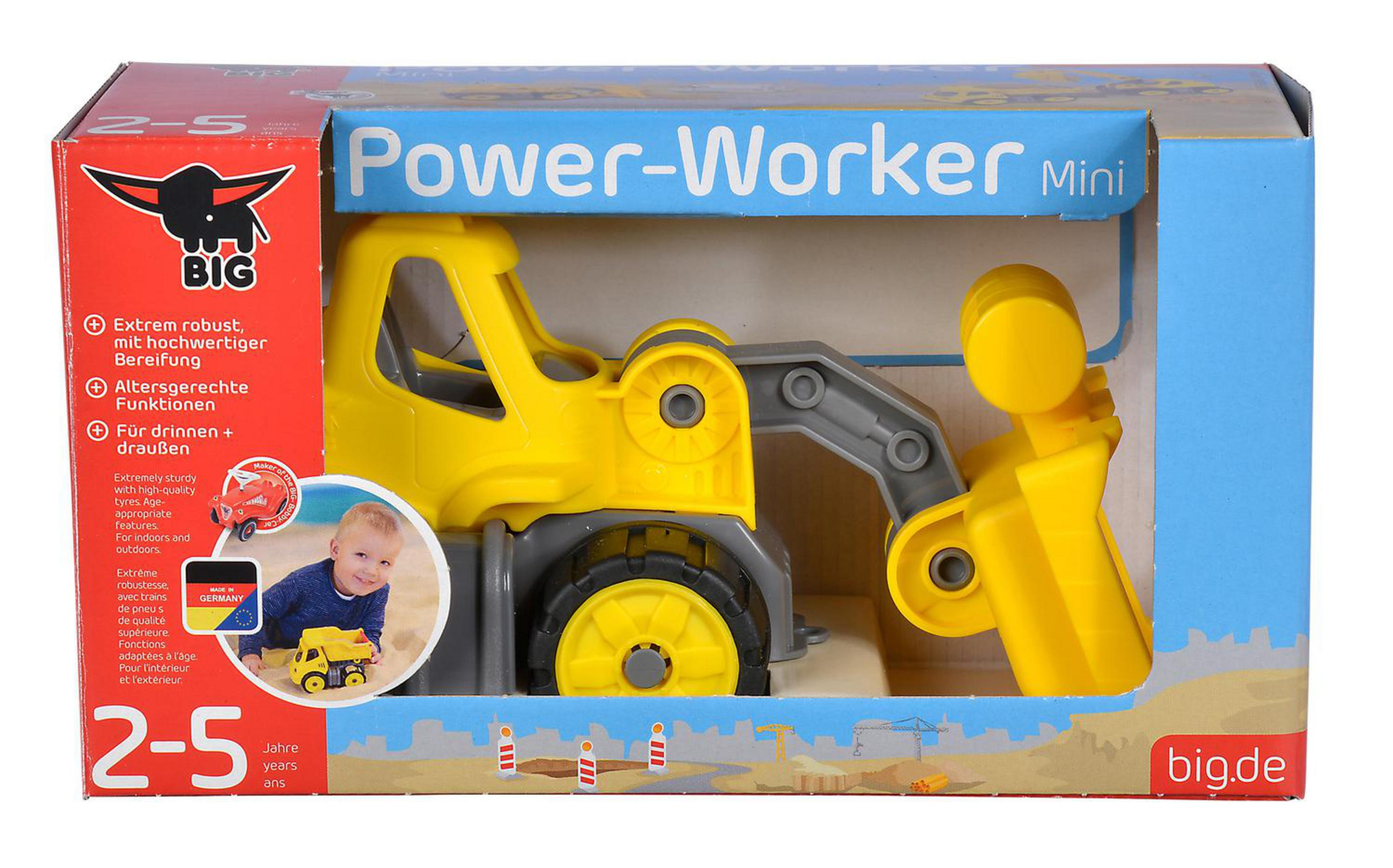 Gelber Bagger-Spielzeug in Verpackung mit Aufdruck 'Power-Worker Mini'.