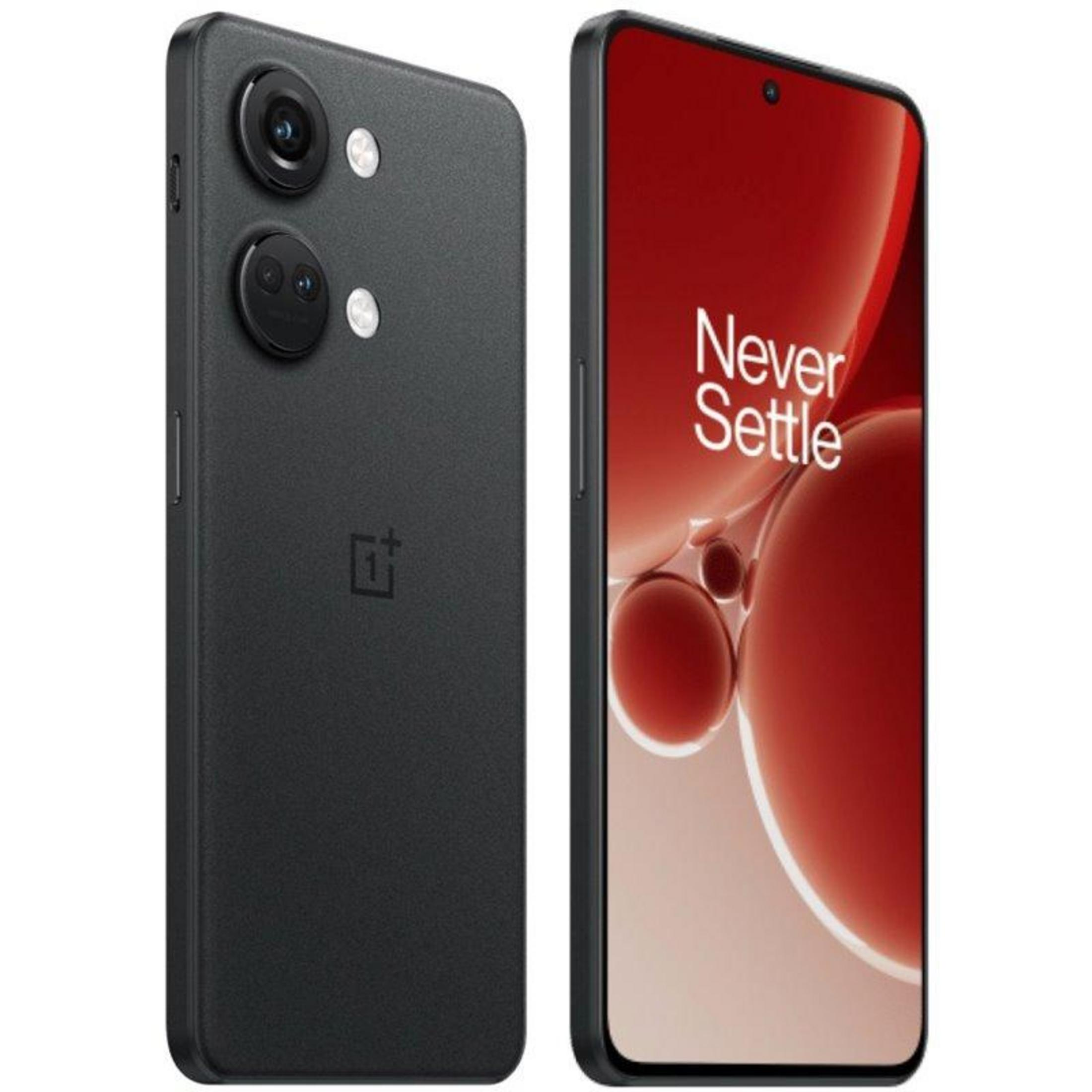 Ein schwarzes Smartphone mit zwei Kameras auf der Rückseite und "Never Settle" auf dem Bildschirm.