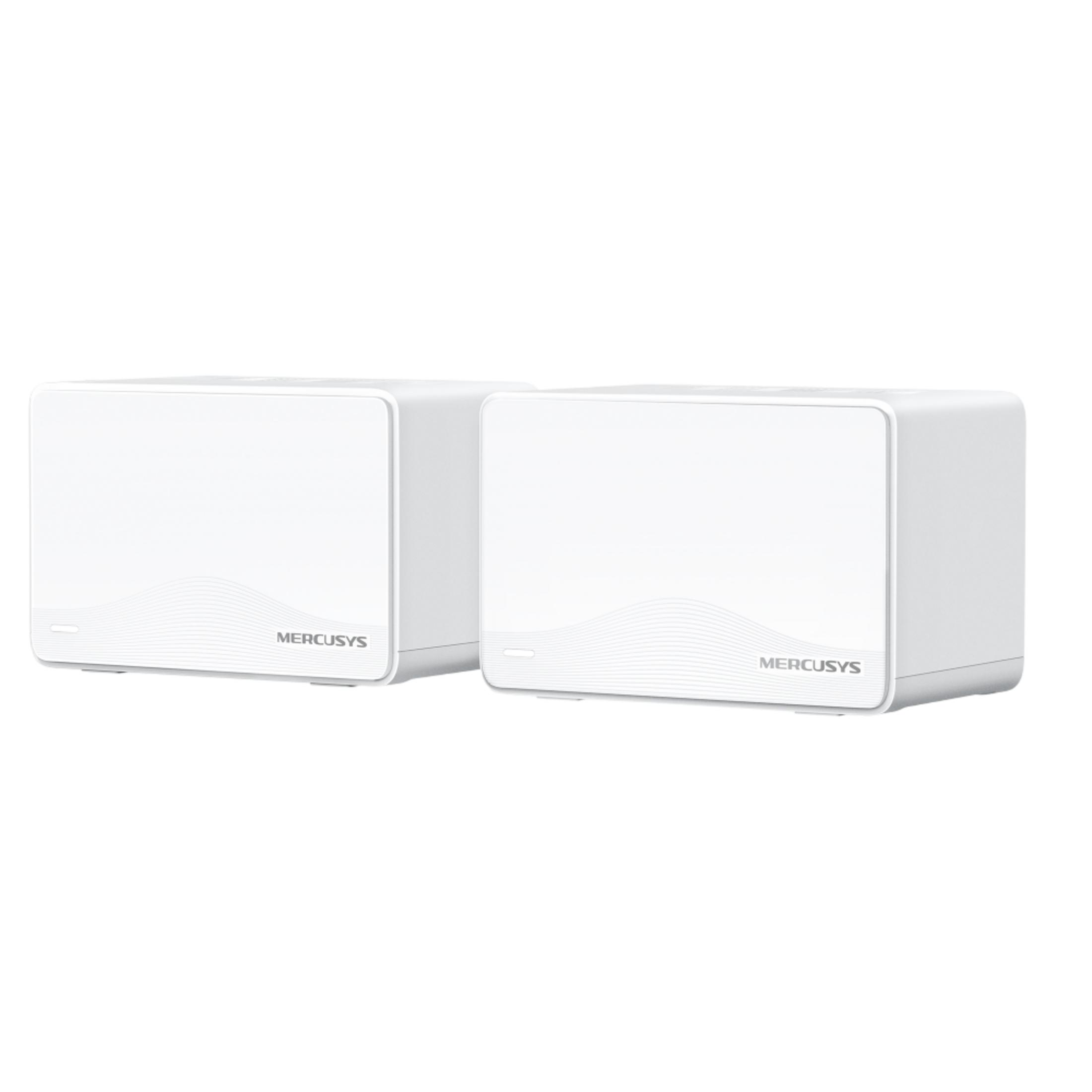 Dos routers MERCUSYS blancos uno al lado del otro sobre fondo blanco.