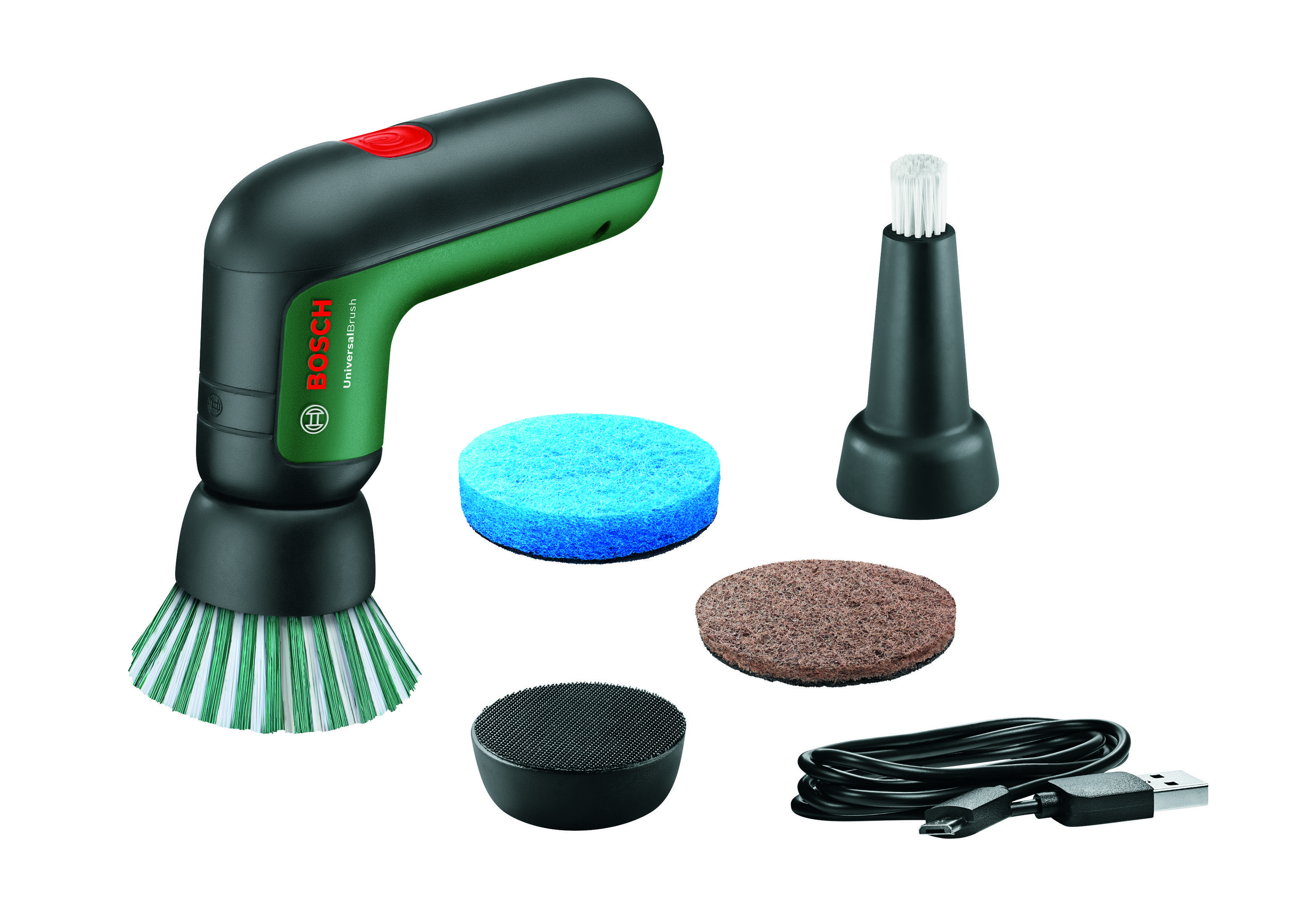Bosch Reinigungsbürste mit Zubehör: Bürstenaufsatz, blaue und braune Scheibe, schwarzer Aufsatz, USB-Kabel.