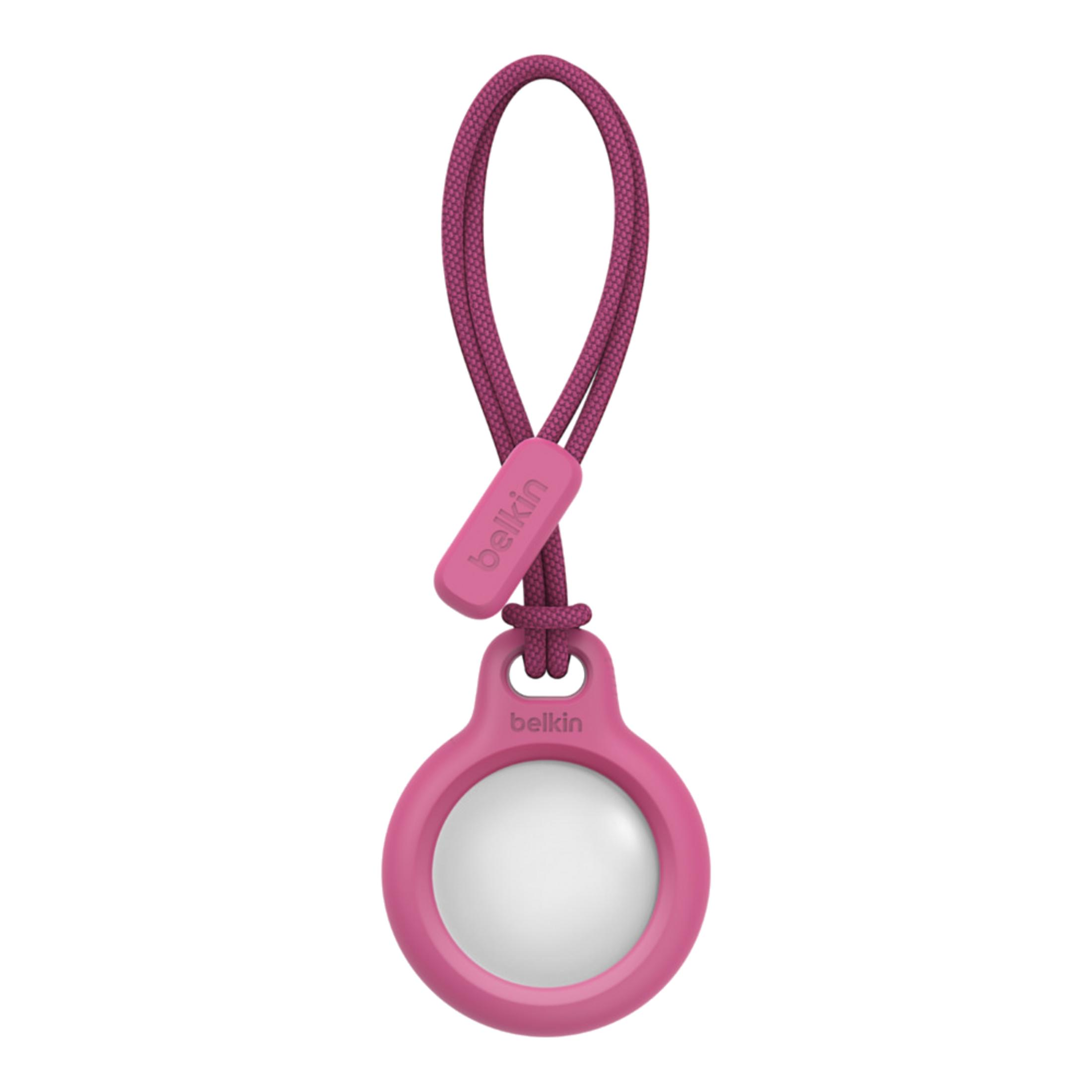 Un portachiavi rosa con etichetta rotonda e anello, logo Belkin.