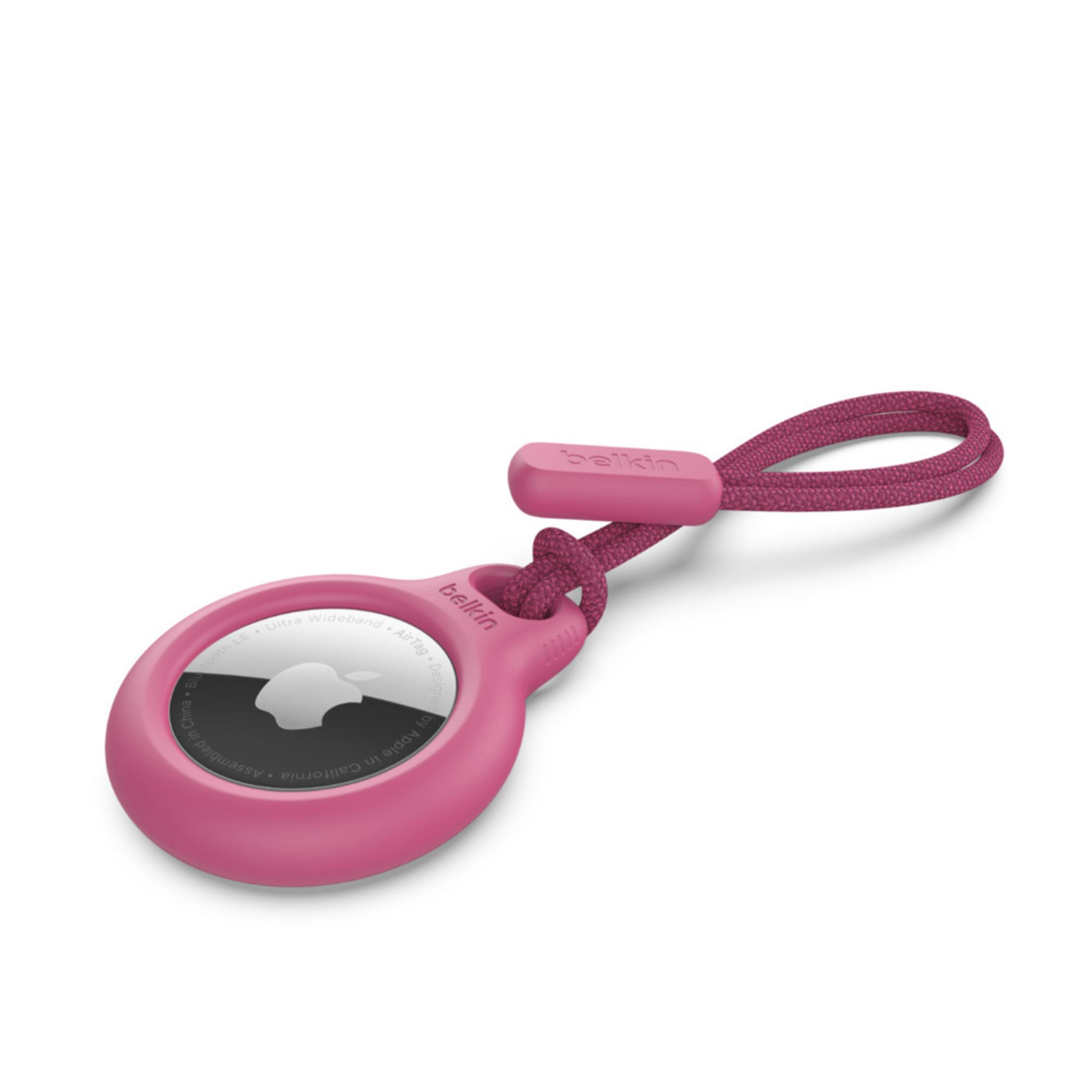 Portachiavi Belkin AirTag rosa con anello intrecciato e chiusura.