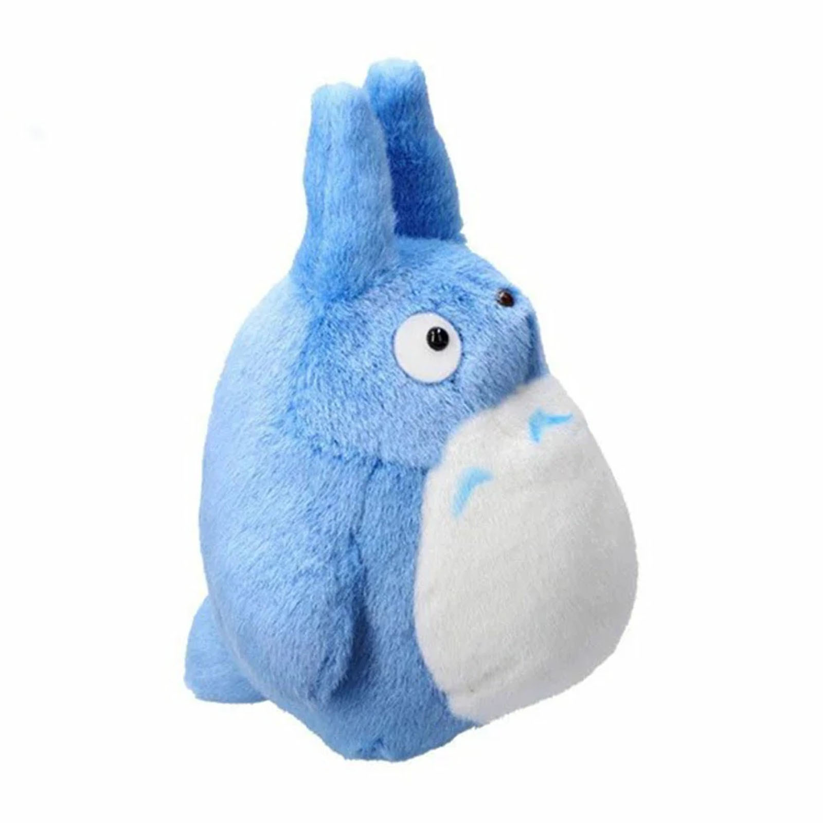 Ein blauer Plüsch Totoro mit weißen Akzenten und großen Augen.