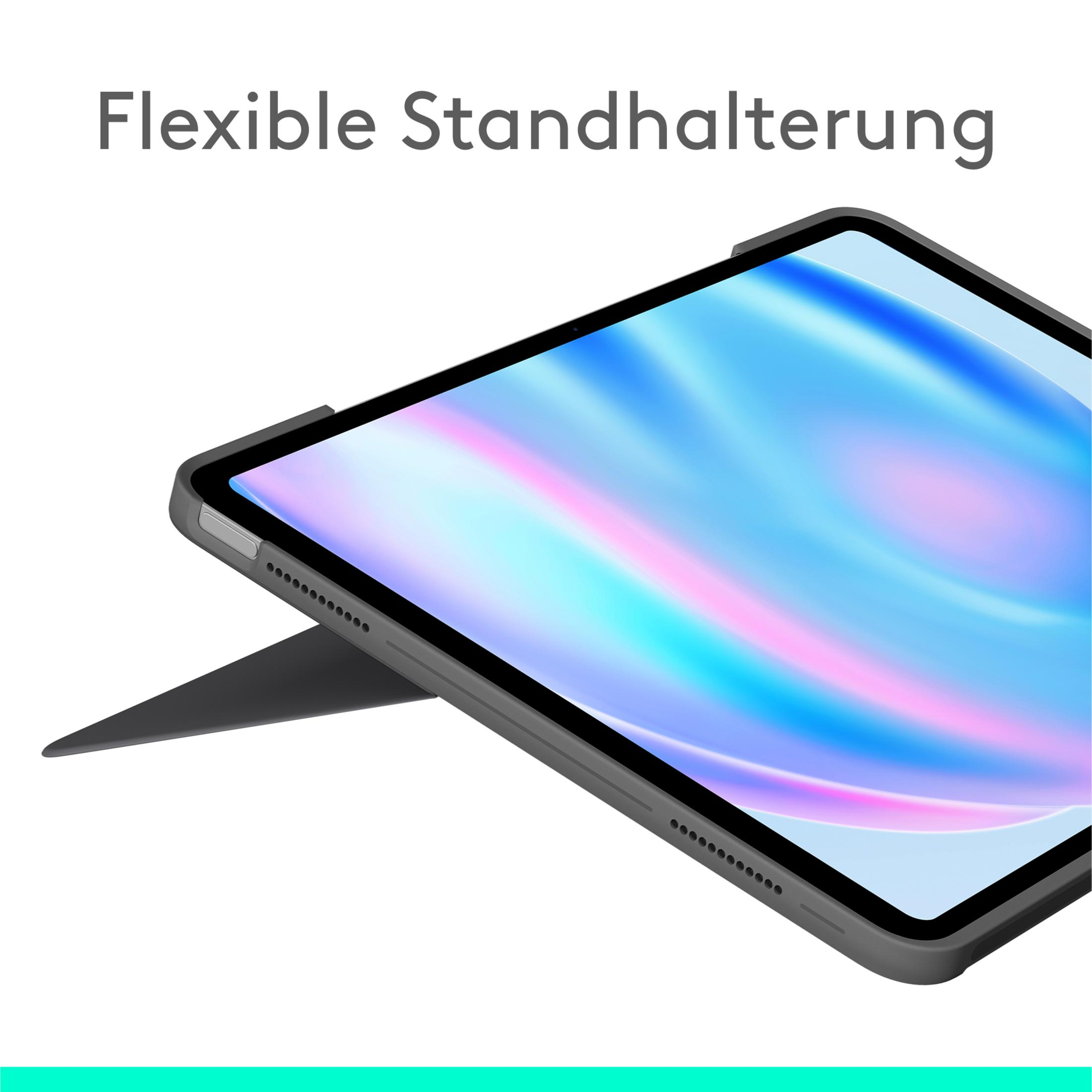 Tablet grigio con supporto rialzato, su sfondo astratto.