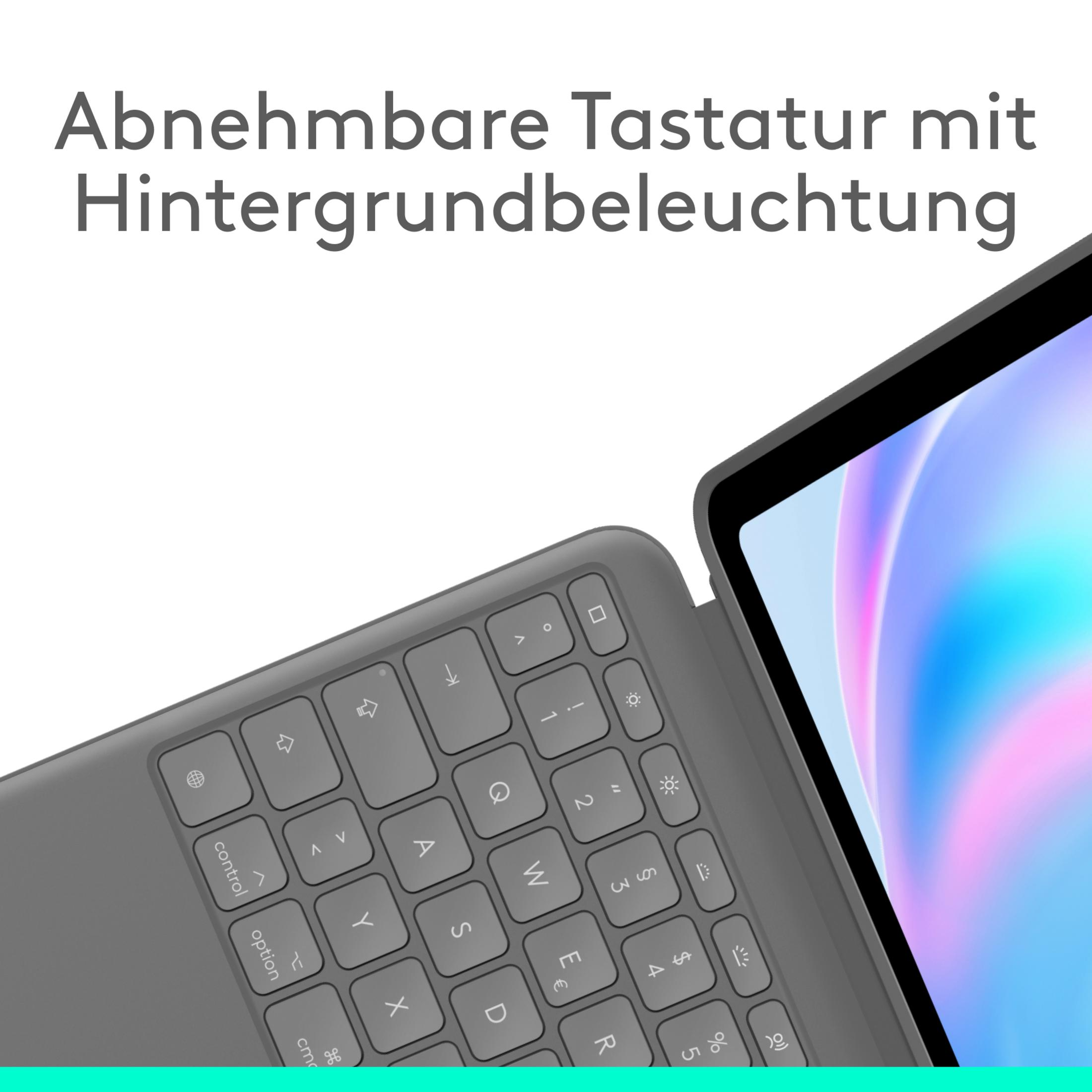 Tastiera grigia con tasti retroilluminati accanto a un tablet con schermo colorato.