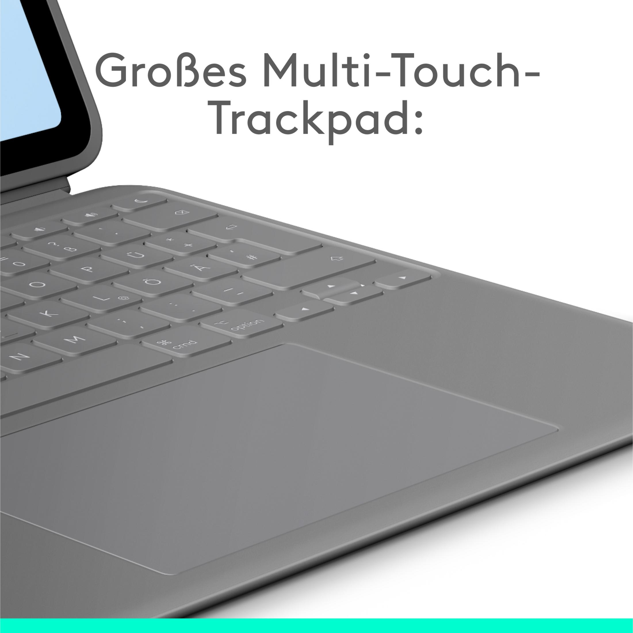Primo piano di una tastiera grigia per laptop con un ampio trackpad e testo.