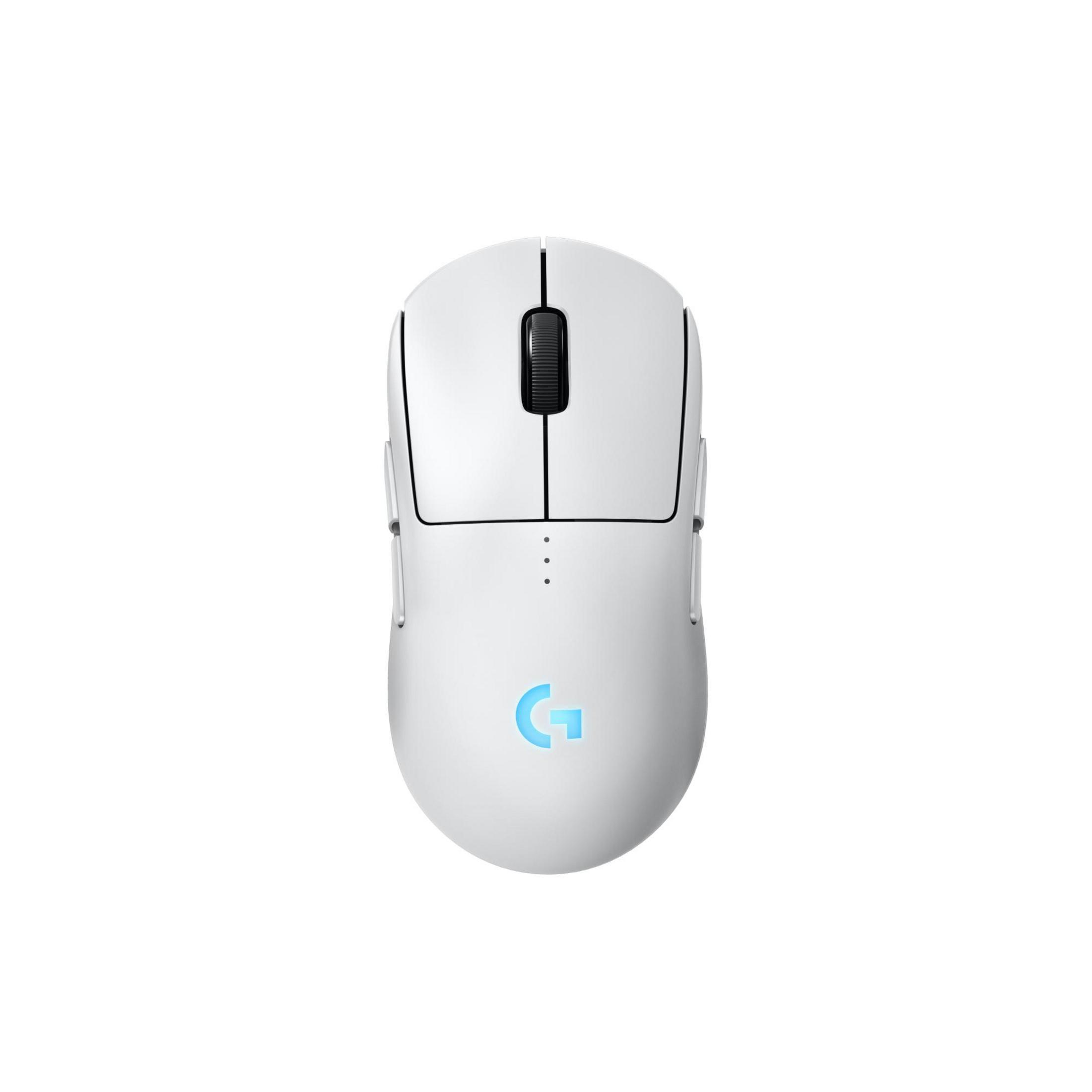 Un mouse da gaming bianco con logo Logitech G e rotellina illuminata.
