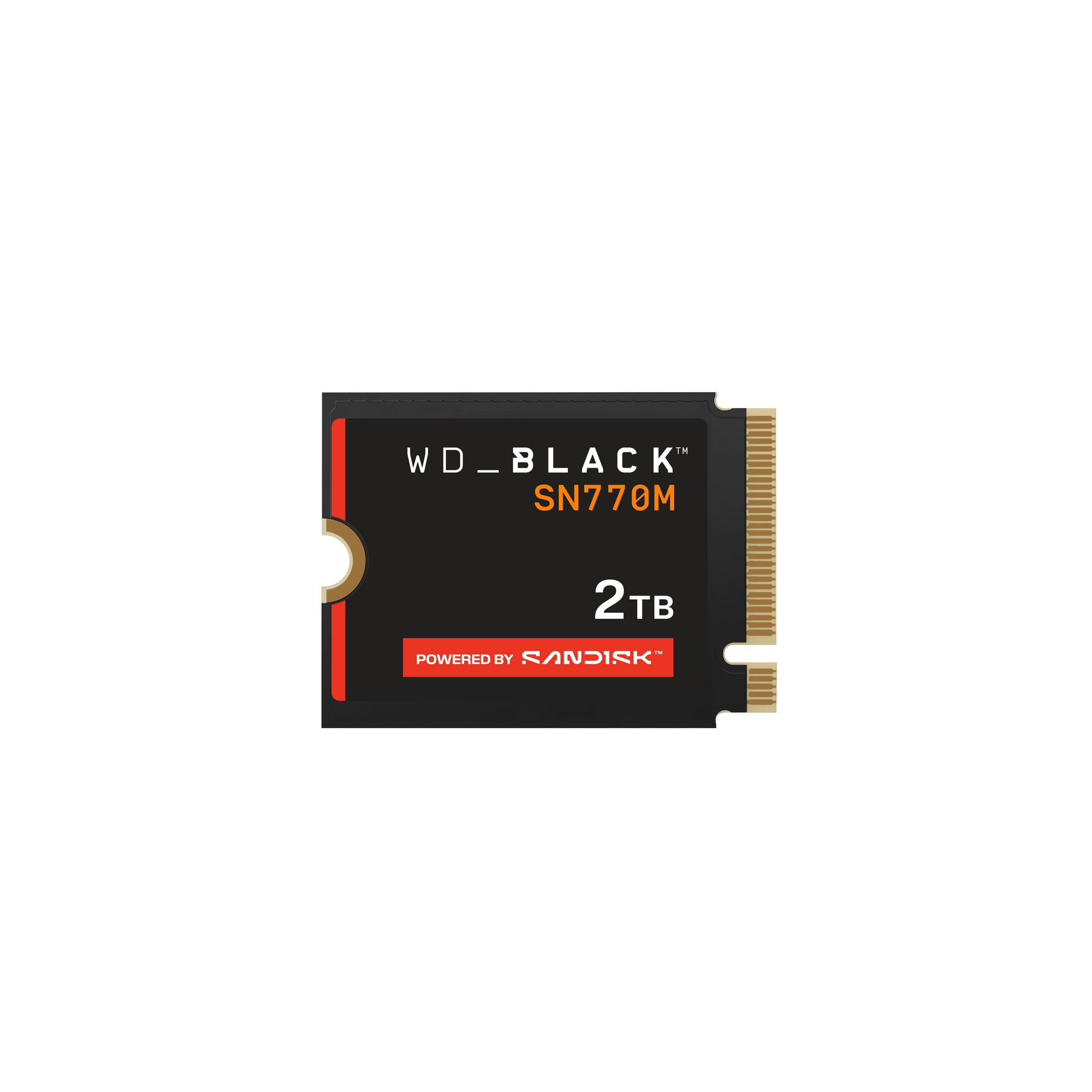 SSD WD_BLACK SN770M 2TB con logo Sandisk su sfondo nero.