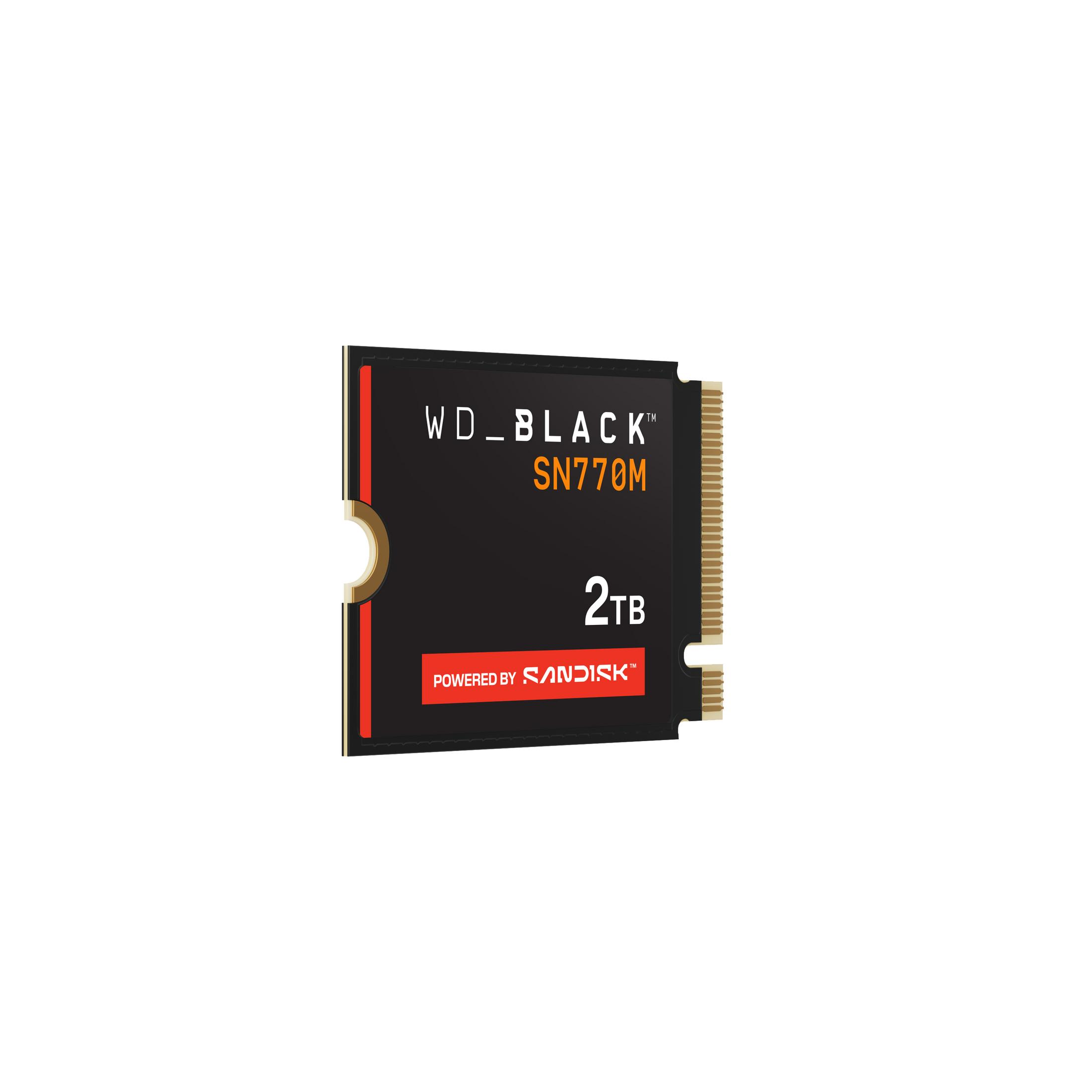 SSD WD_BLACK SN770M da 2TB con striscia rossa e connettore dorato.