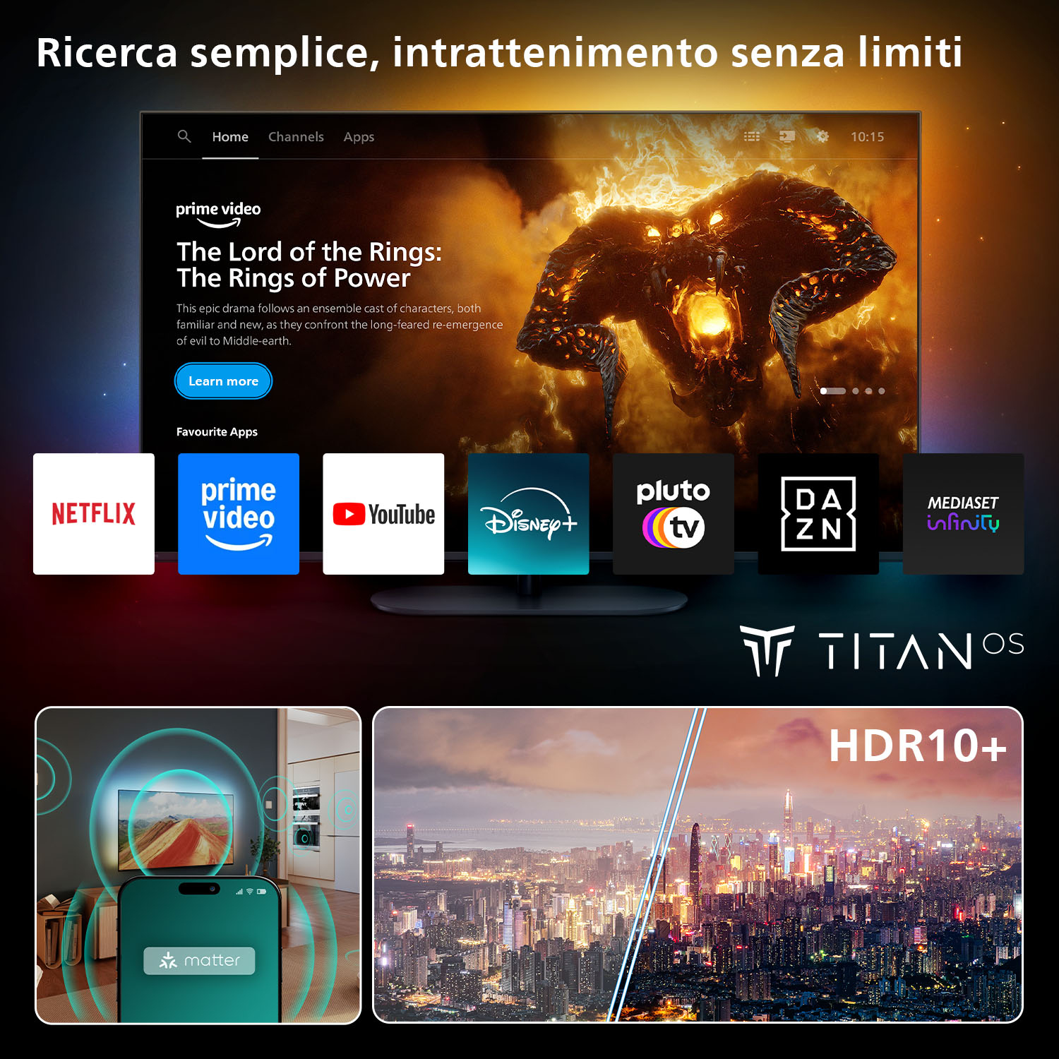 Ein Smart-TV-Startbildschirm mit Apps wie Netflix, Prime Video und YouTube.