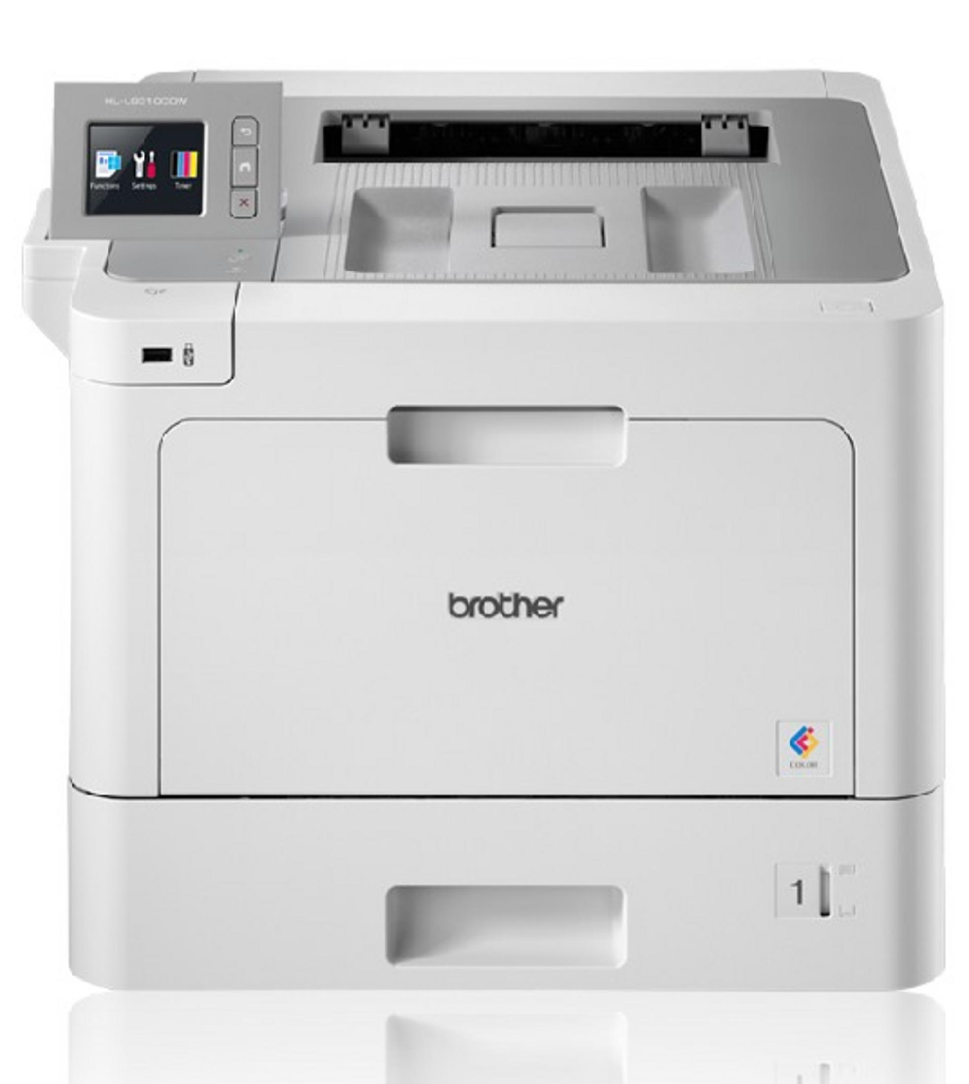 Una stampante laser Brother bianca con un piccolo display a colori e pulsanti.