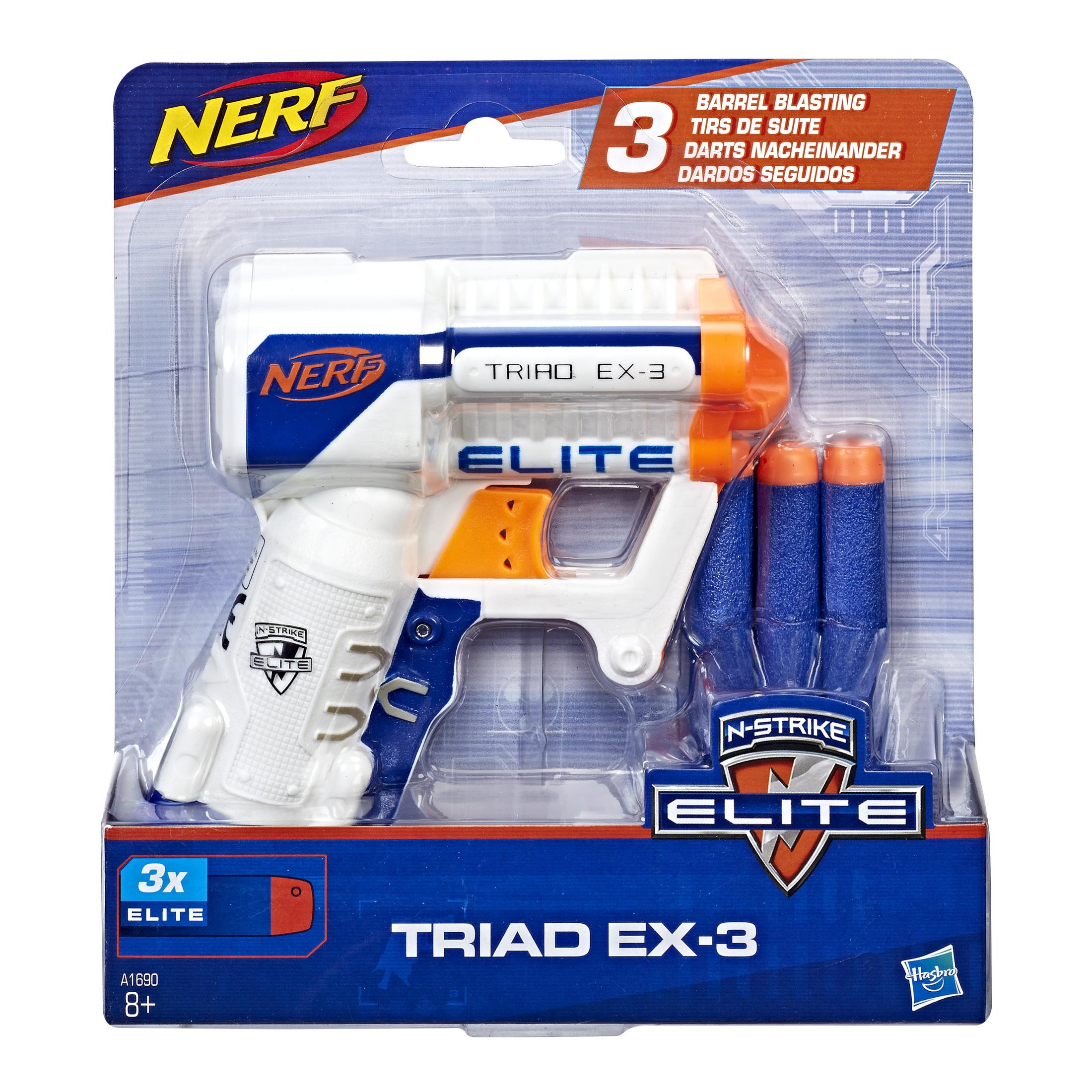 Pistola giocattolo Nerf Triad EX-3 in blister, con 3 dardi.