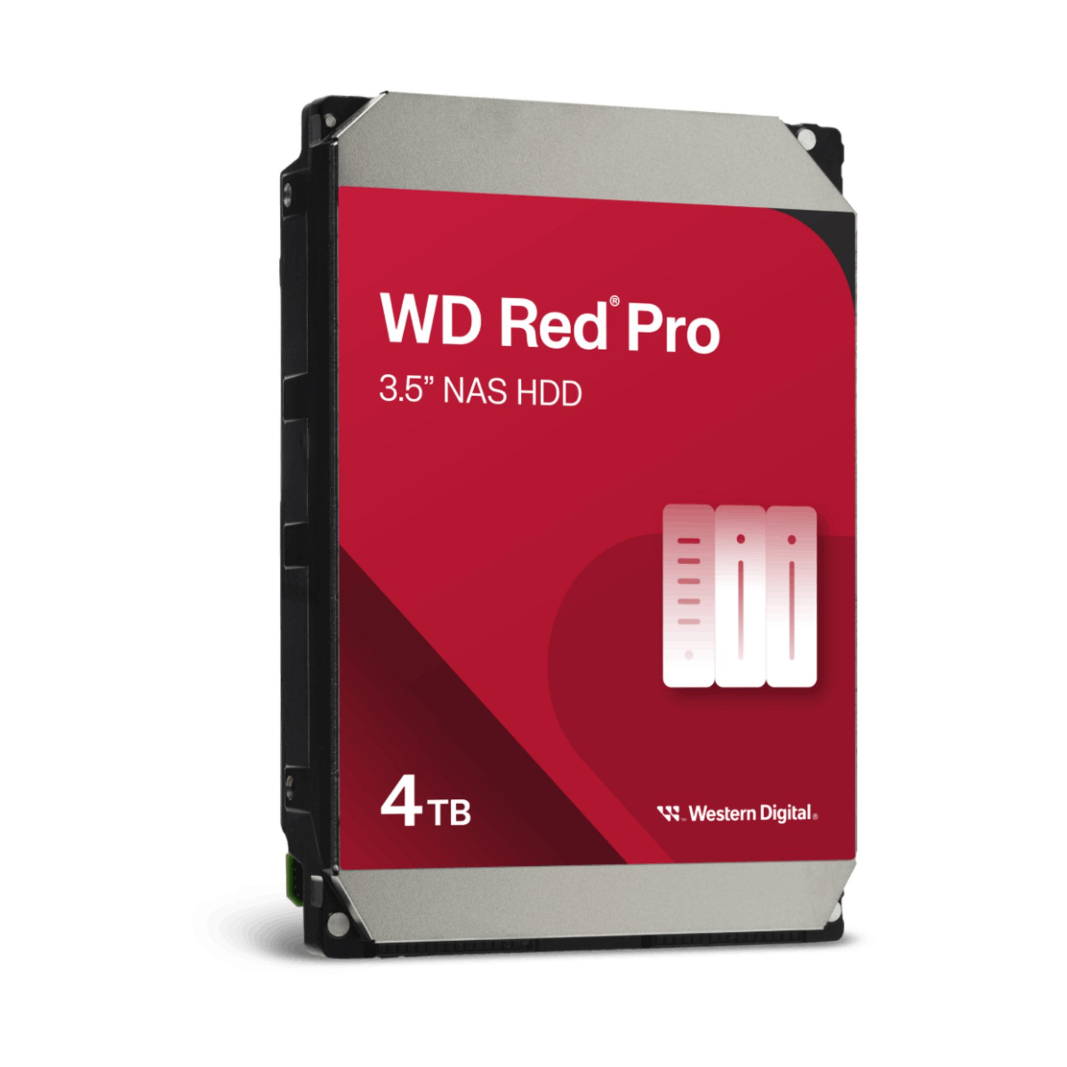 Un HDD NAS WD Red Pro da 4TB da 3,5" con etichetta rossa e scocca argentata.