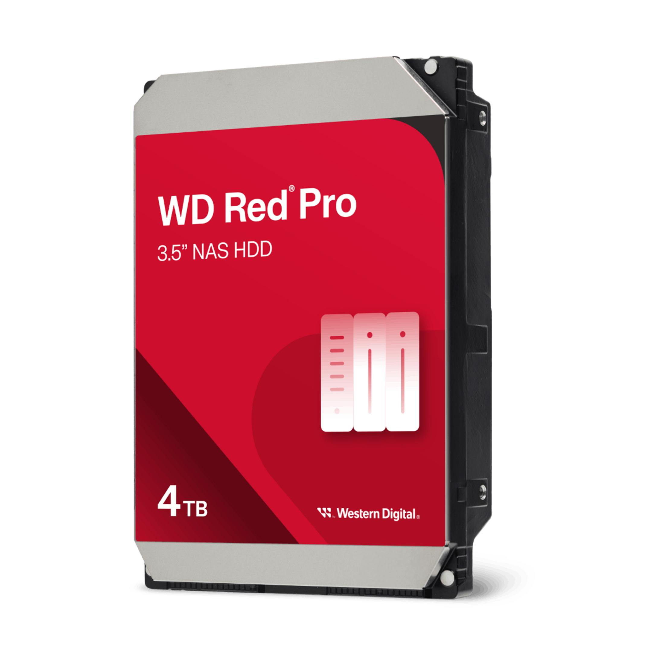 WD Red Pro 4TB NAS HDD con etichetta rossa e icone server.