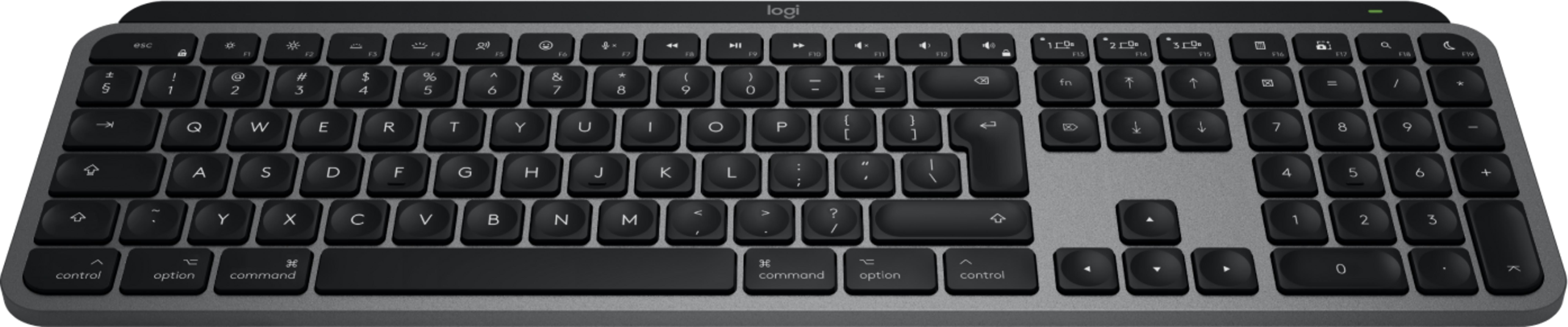Una tastiera Logitech grigia con tasti scuri ed etichettati.