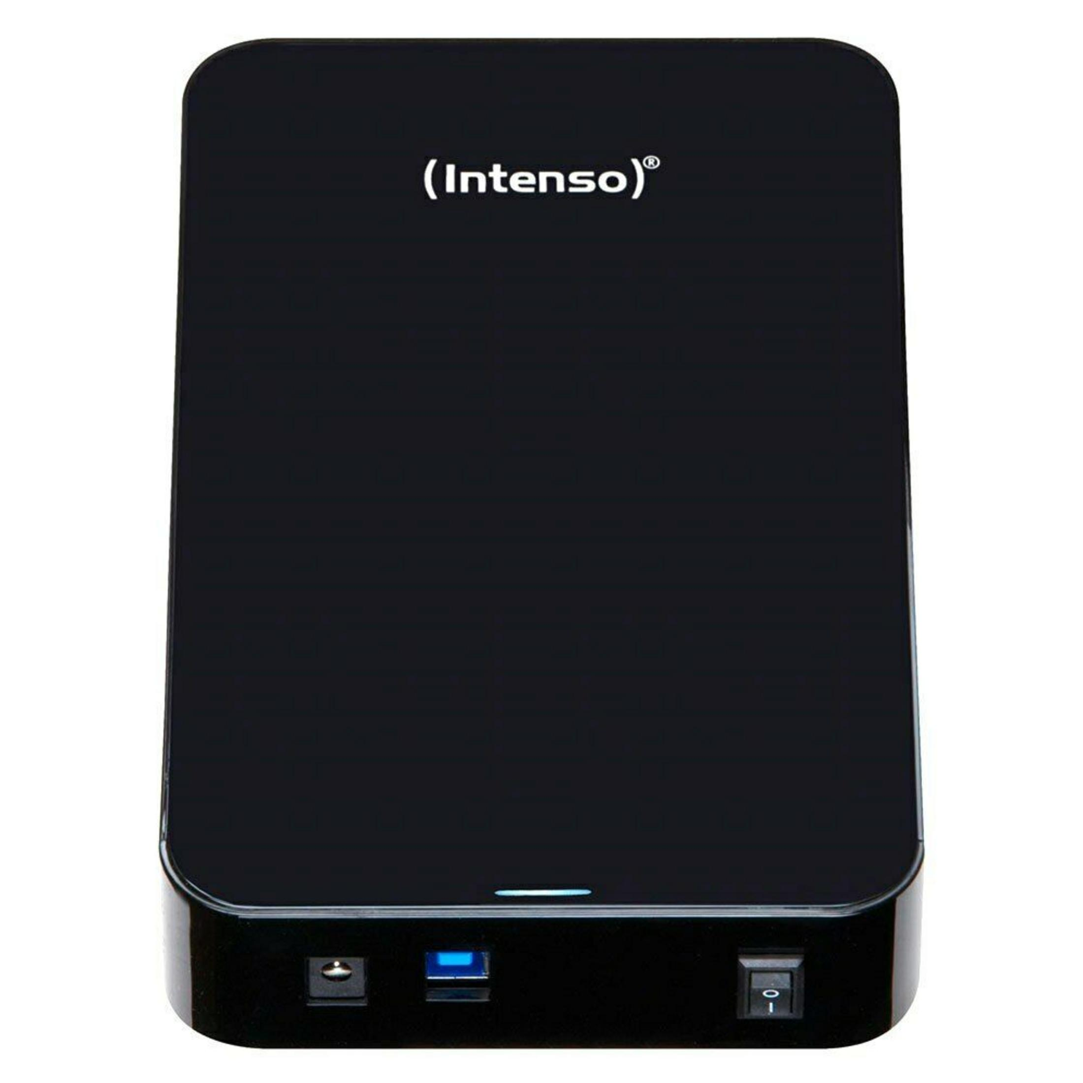 Un disco esterno nero con logo Intenso e porte.