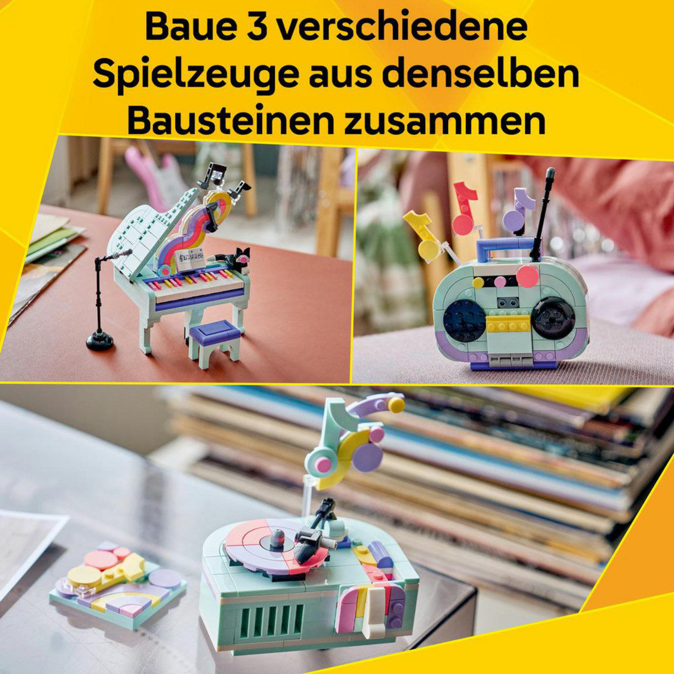 Tres modelos coloridos de Lego: un piano, un boombox y un tocadiscos.