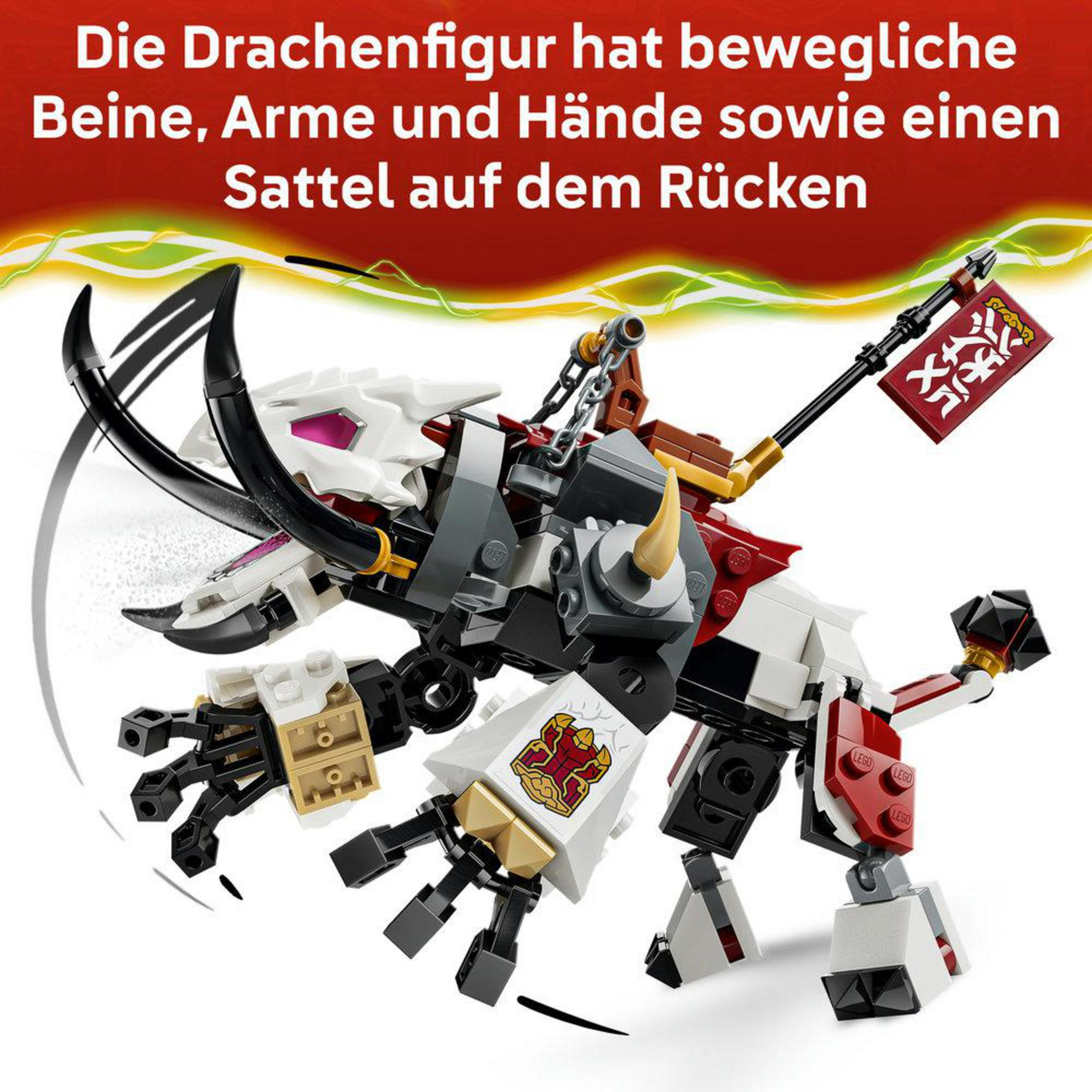 Una dettagliata figura di drago LEGO con arti snodabili e una sella.