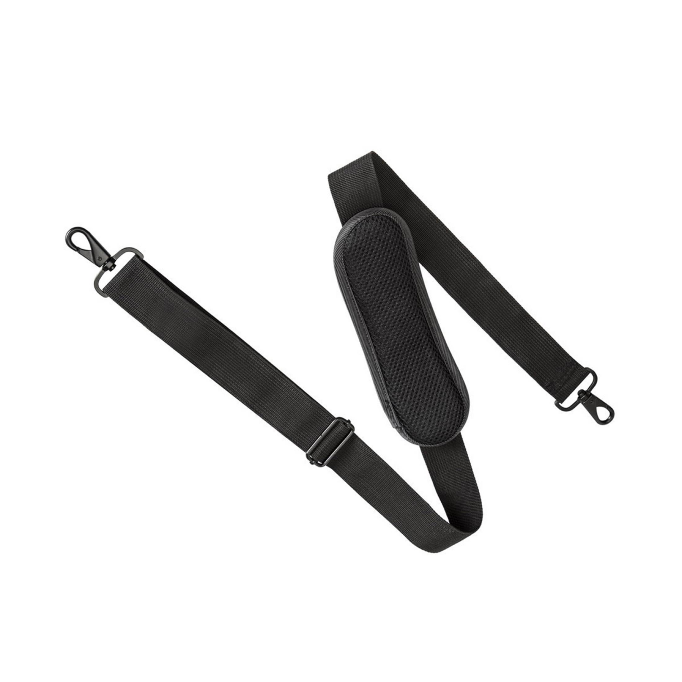 Schwarzer Umhängegurt mit gepolsterter Schulterauflage und Metallkarabiner.