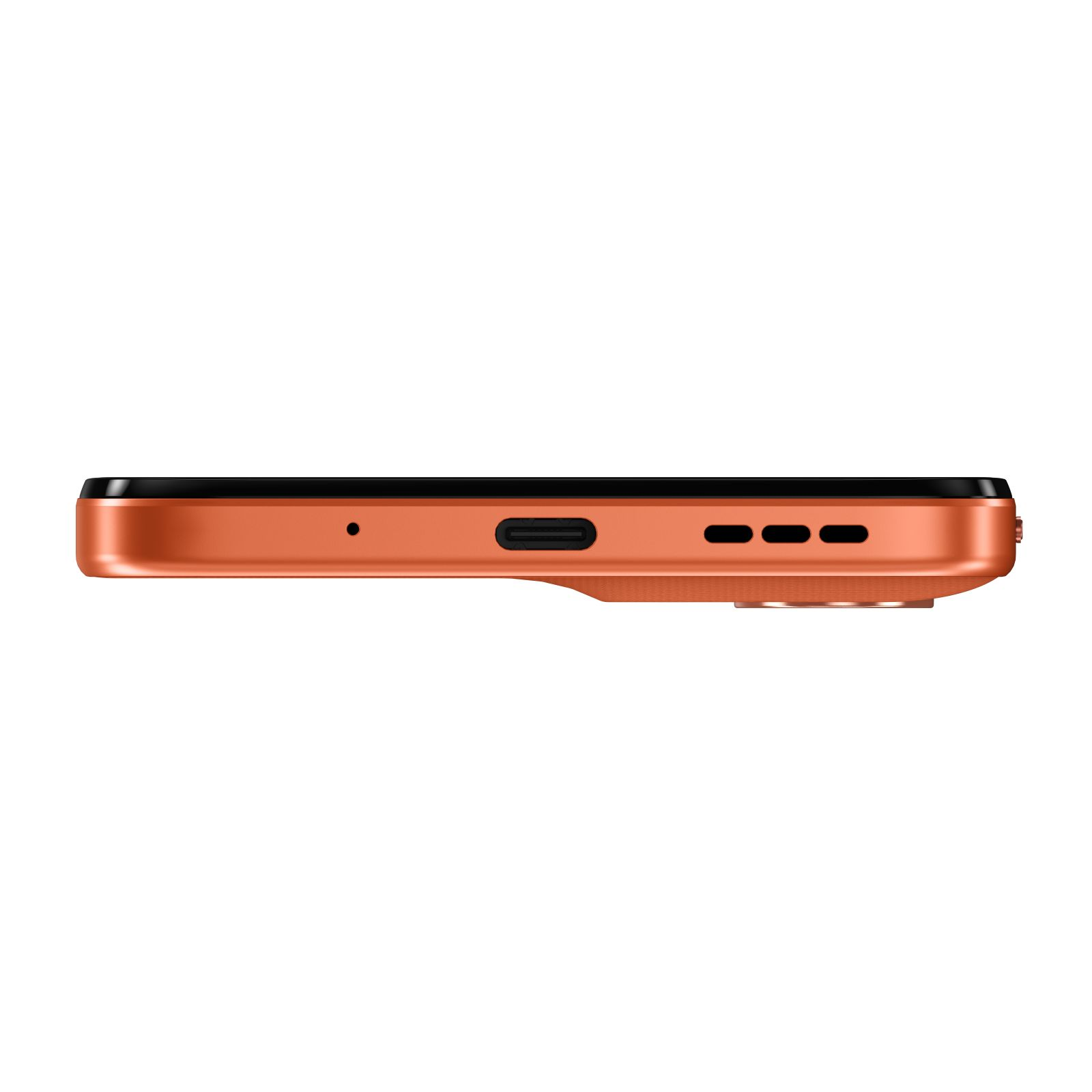 Profilo smartphone arancione con porta USB-C e griglie altoparlanti.