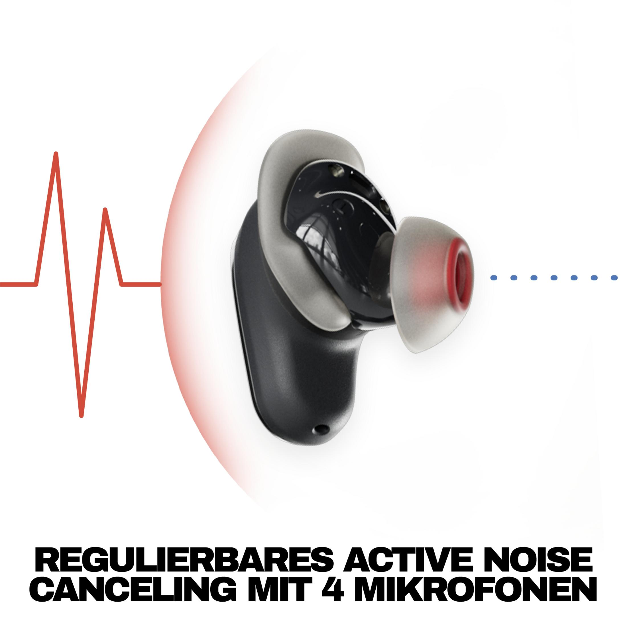 Auricular intrauditivo negro con punta roja, gráfico de latido rojo a la izquierda.