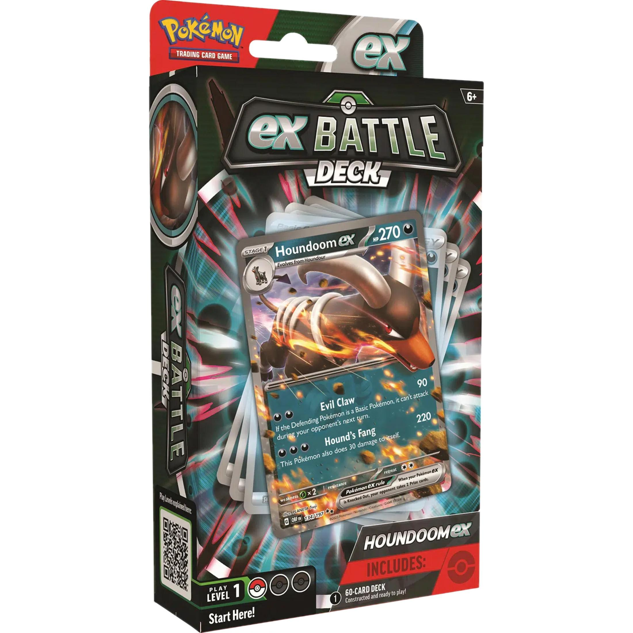 Embalaje de Pokemon EX Battle Deck con carta Houndoom EX, guía de juego y código QR.