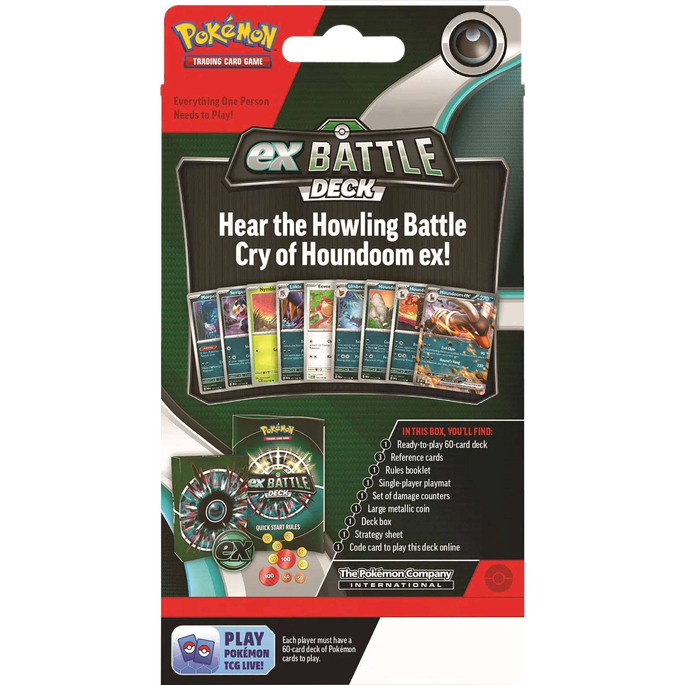 Pokémon EX Battle Deck con cartas de Houndoom EX y accesorios.