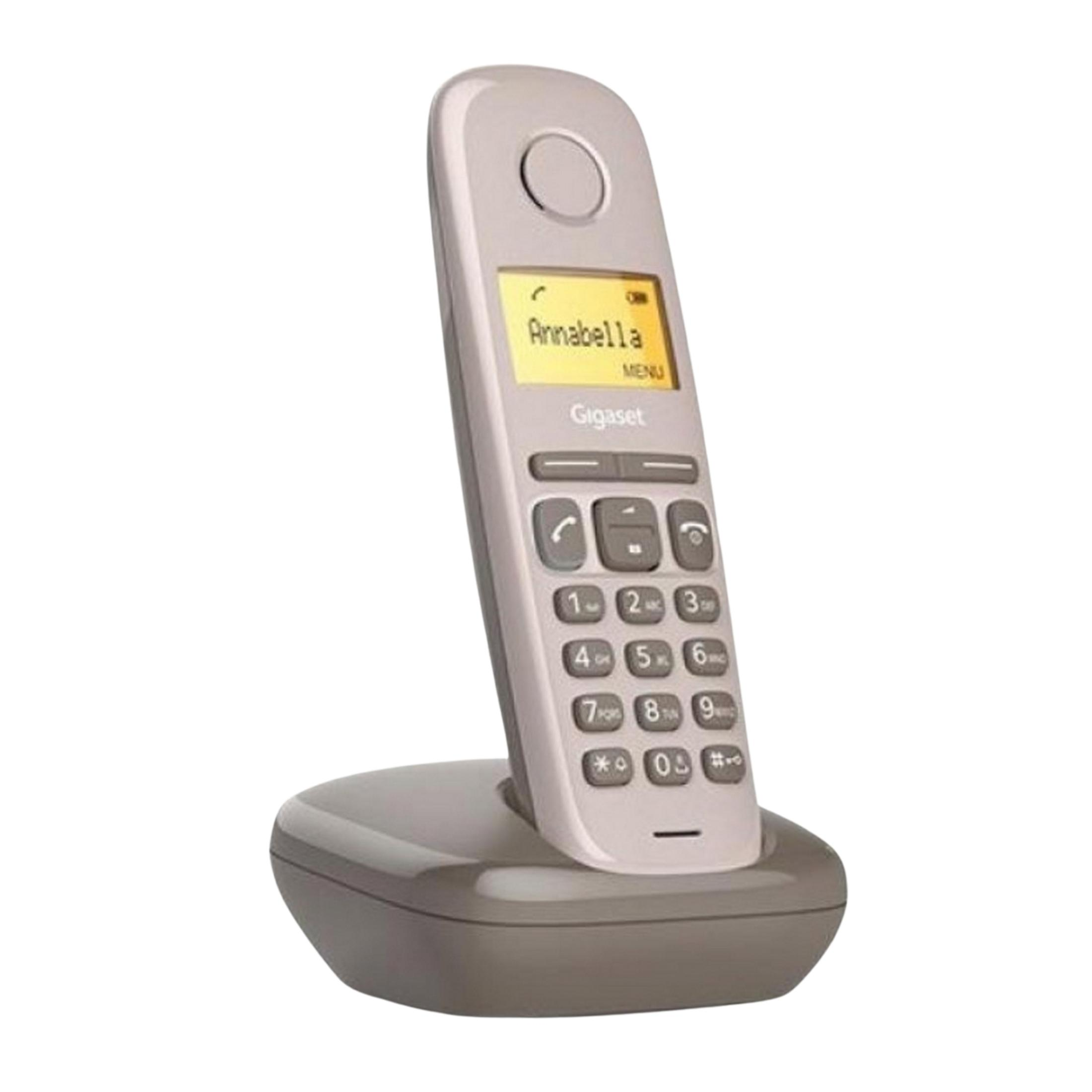 Un teléfono inalámbrico Gigaset gris con pantalla y botones sobre una base de carga.