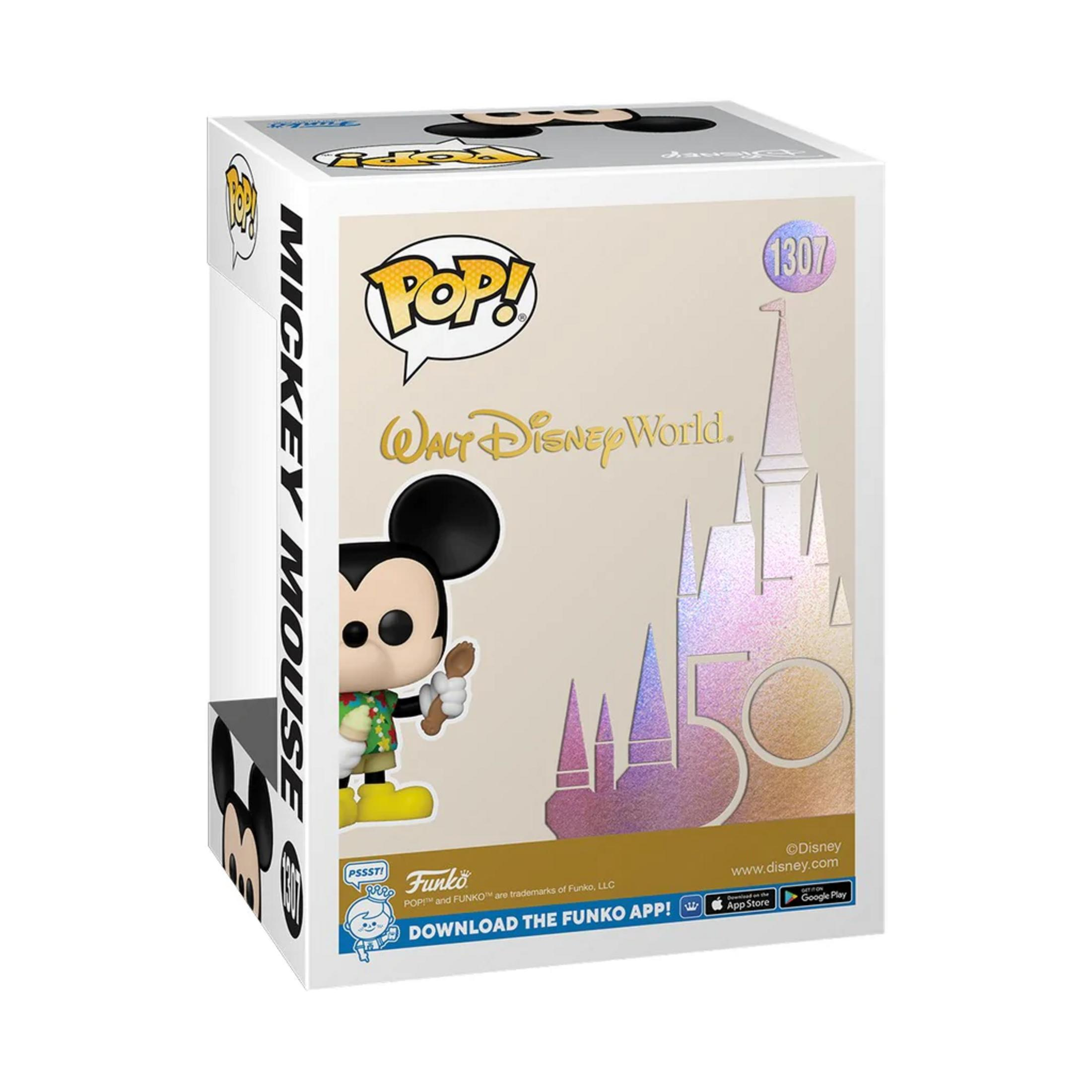 Scatola Funko Pop! di Topolino con castello Disney World e logo 50° anniversario.