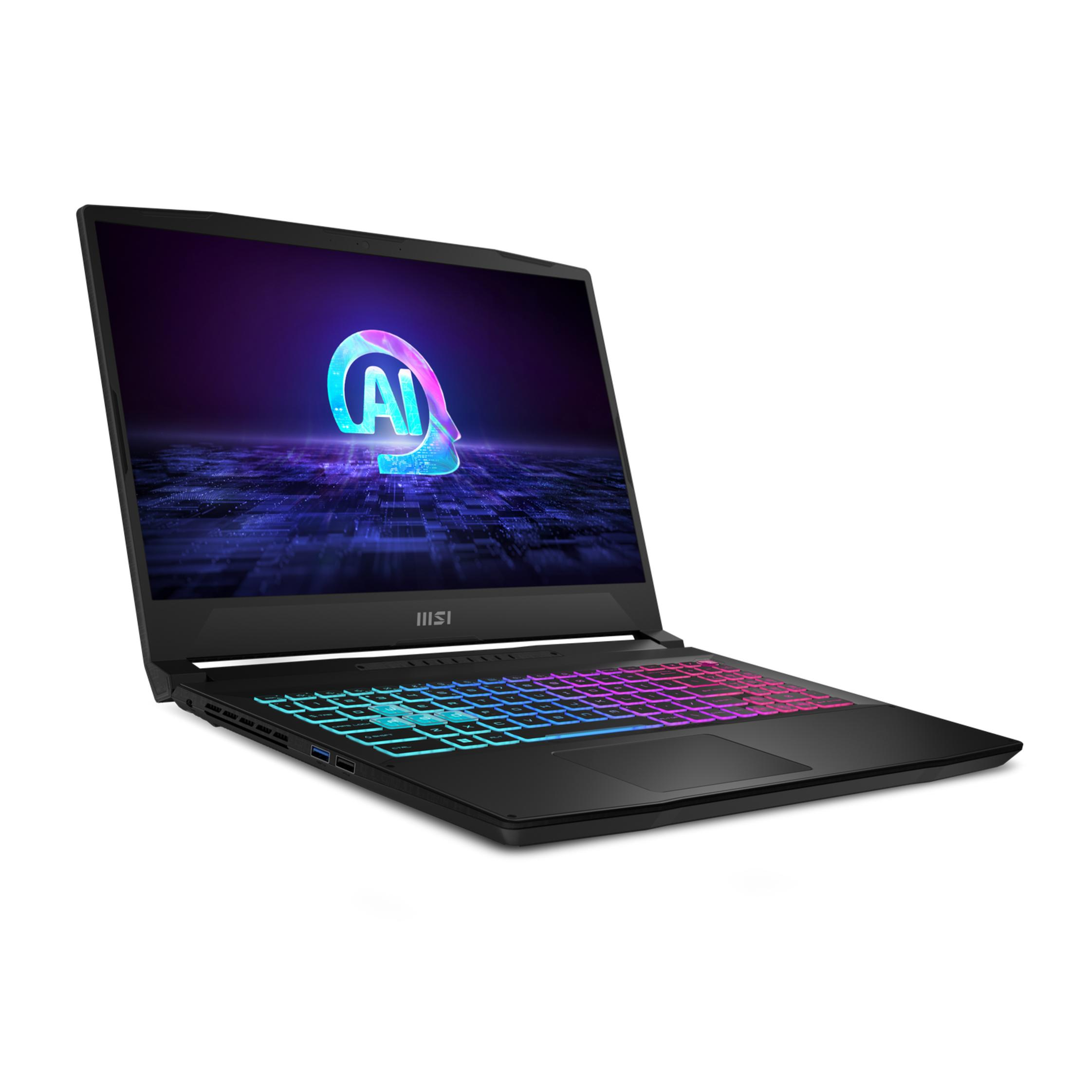 Portátil negro con teclado iluminado y logo de IA en pantalla.