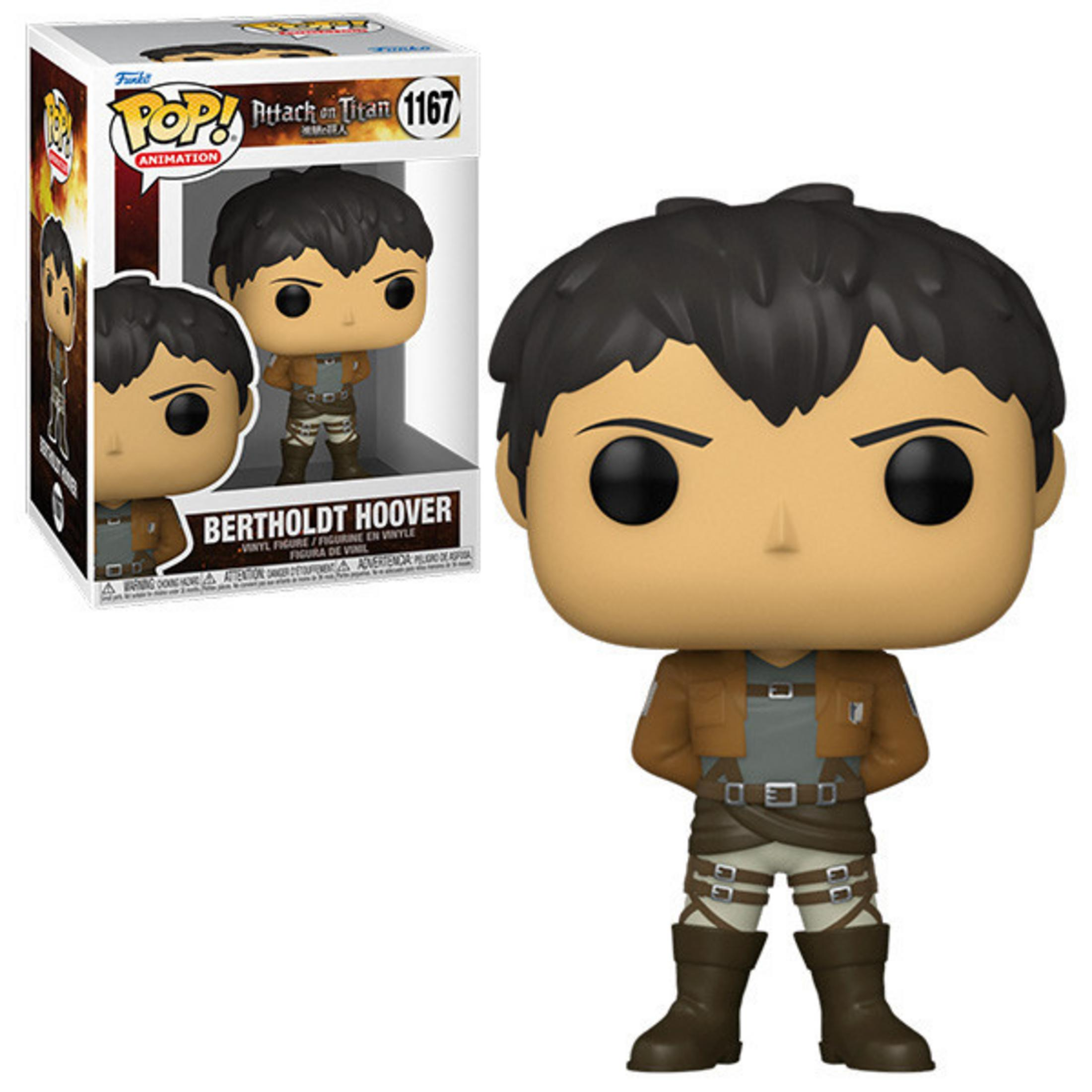 Figura Funko Pop de Bertholdt Hoover de Attack on Titan con chaqueta marrón.