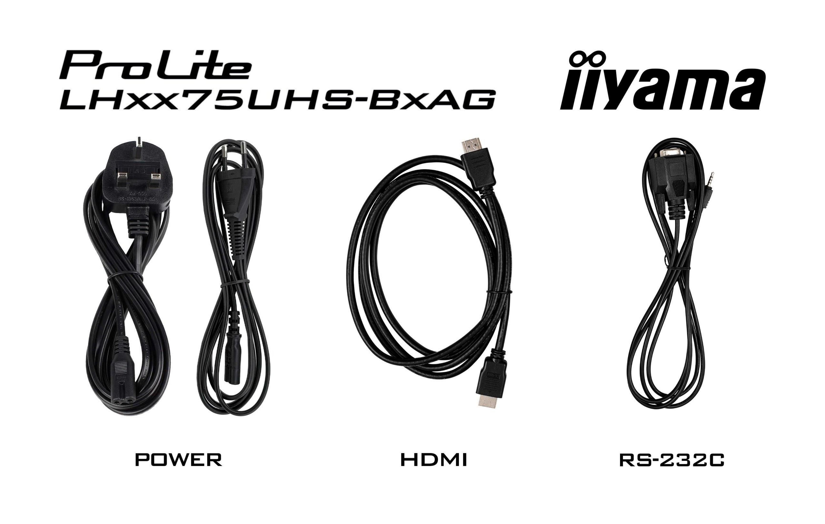 Tre cavi neri: alimentazione, HDMI e RS-232C, con connettori.