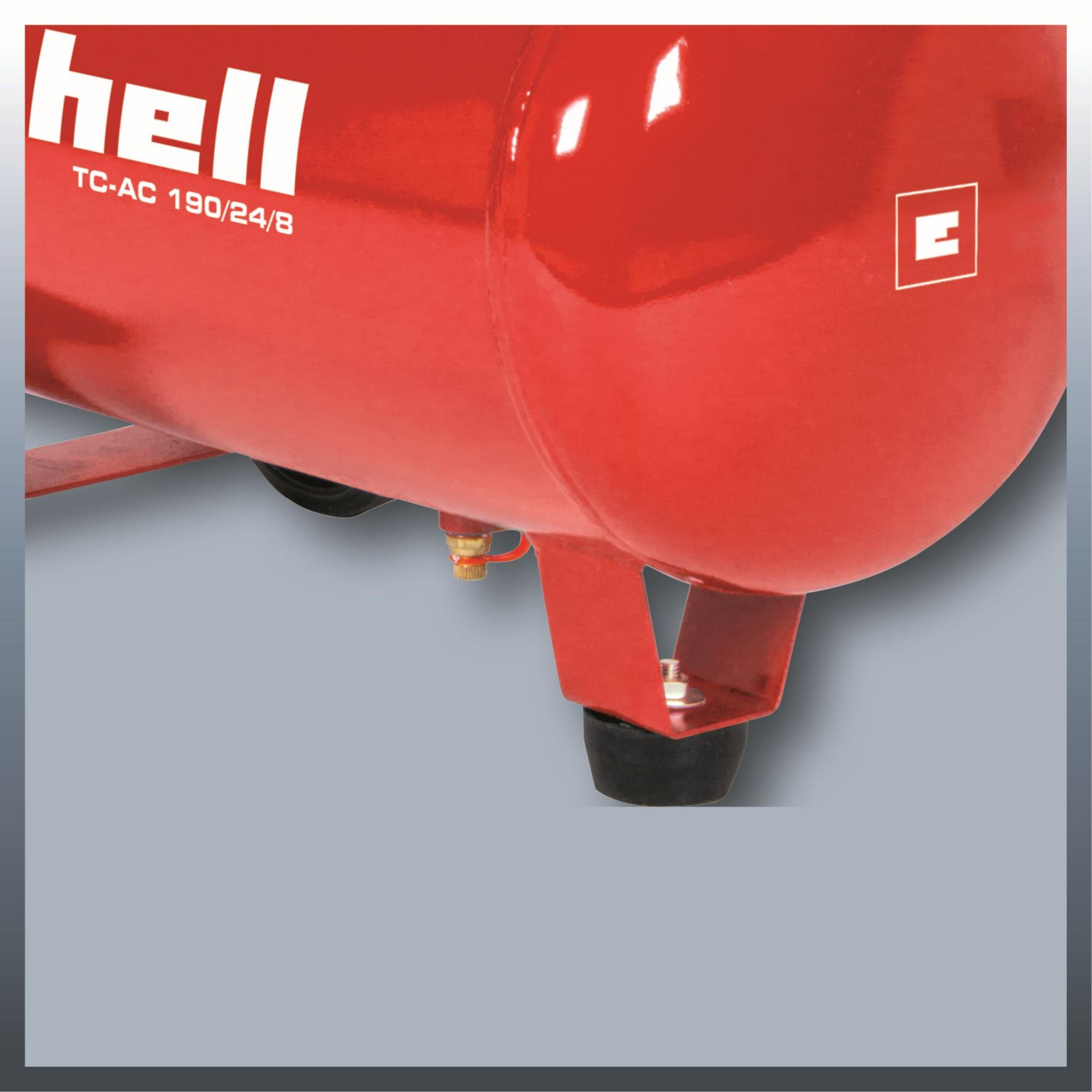 Compressore rosso con logo bianco e numero di modello, su sfondo grigio.