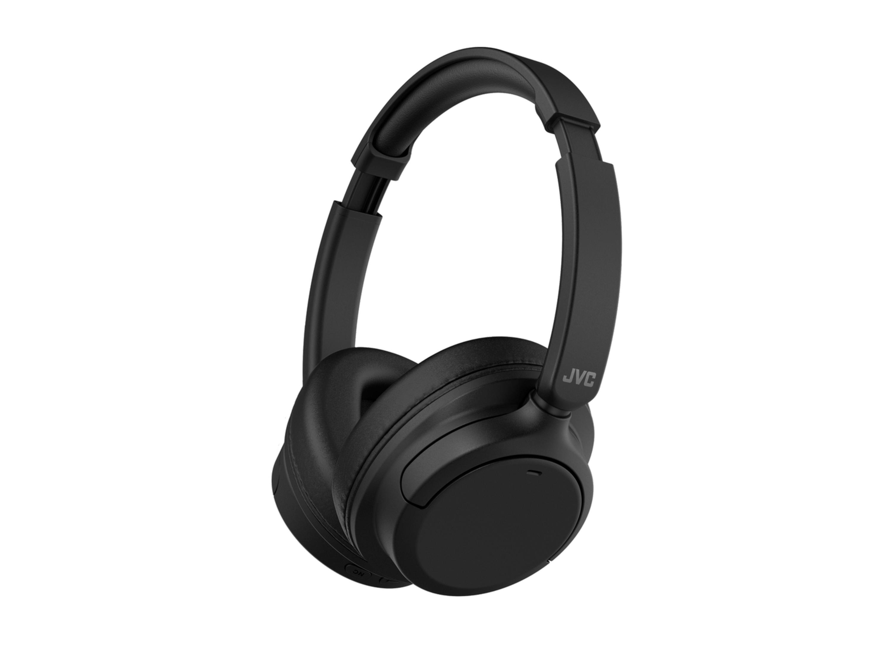 Schwarze JVC Kopfhörer mit gepolsterten Ohrmuscheln und verstellbarem Bügel.