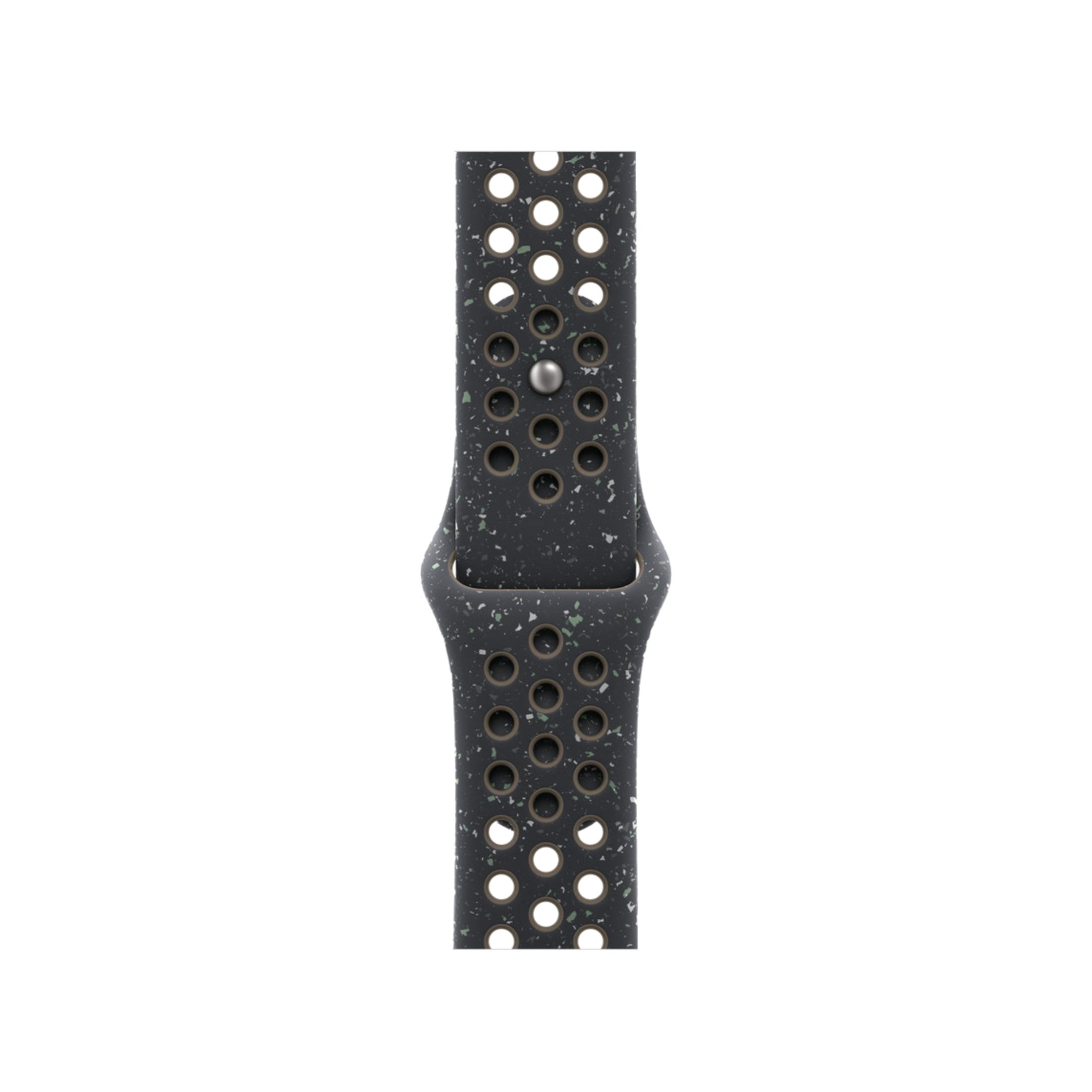 Cinturino grigio scuro con piccole perforazioni e macchioline.
