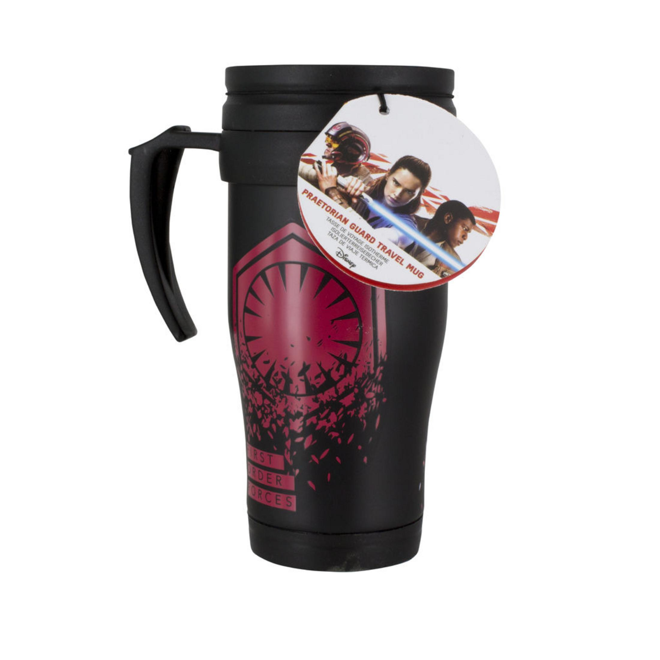 Schwarzer Reisebecher mit erstem Orden-Symbol und Star Wars Figuren.