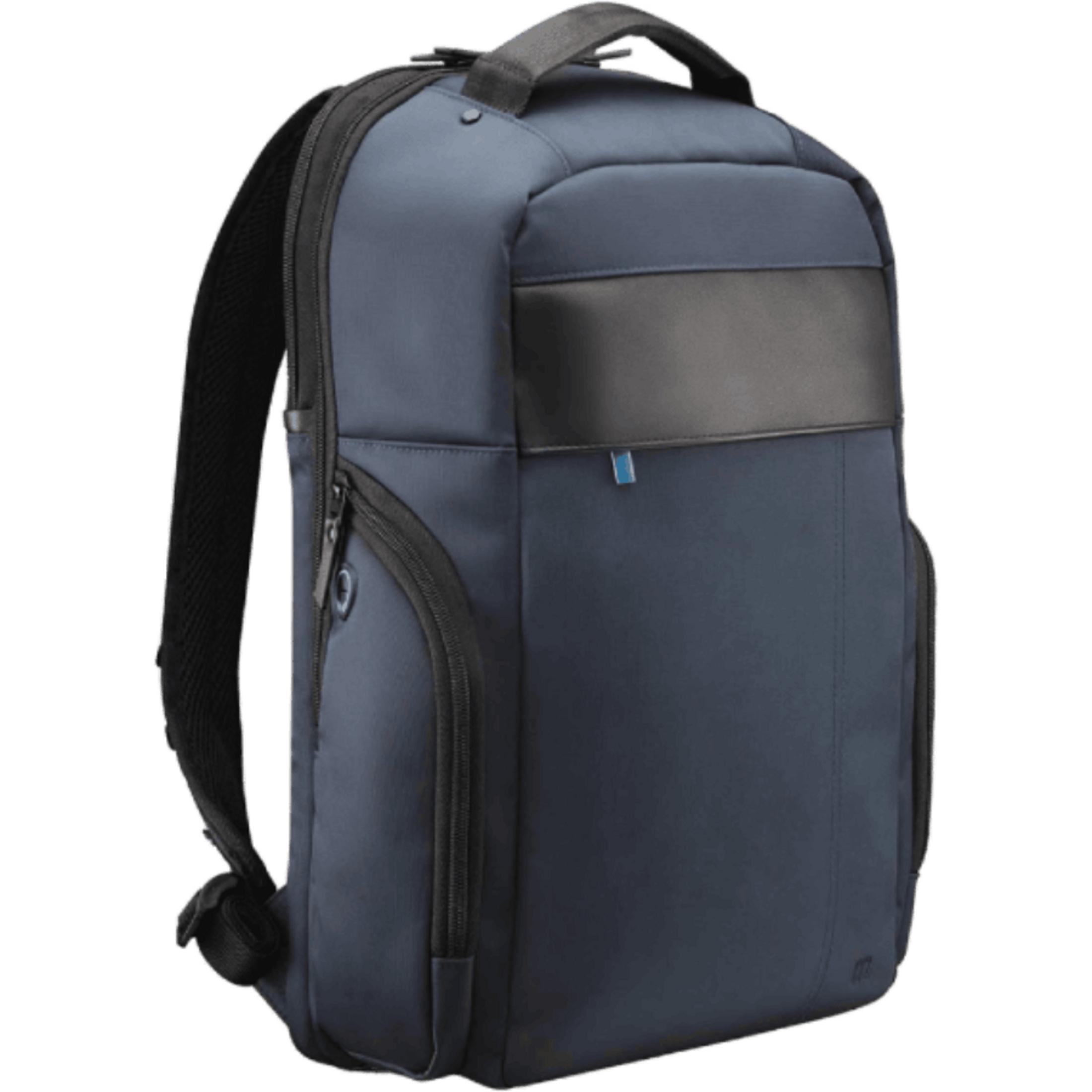 Una mochila azul oscuro con cremalleras negras y un detalle de cuero.