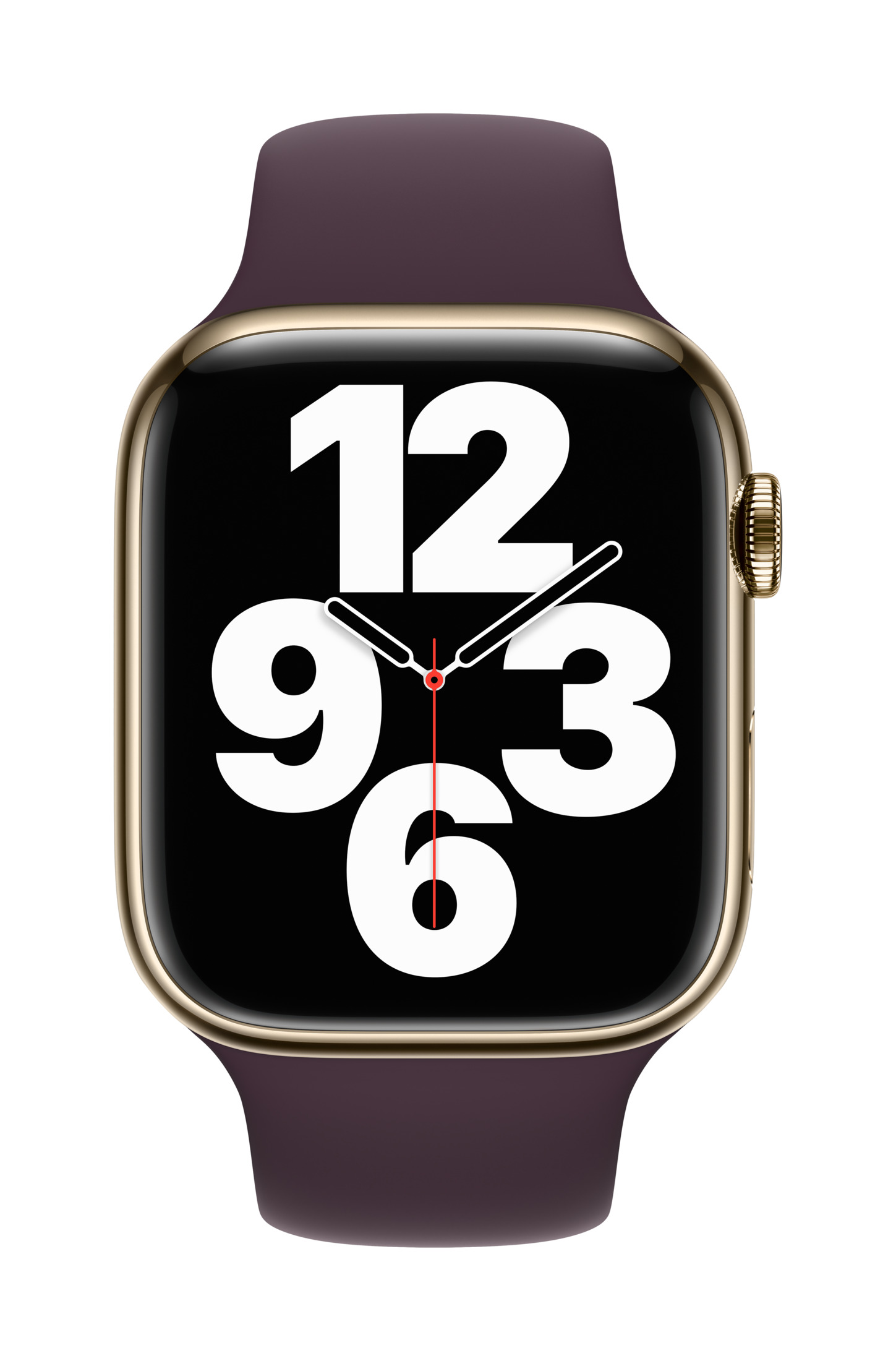 Orologio smart dorato con cinturino viola e quadrante nera con numeri bianchi.