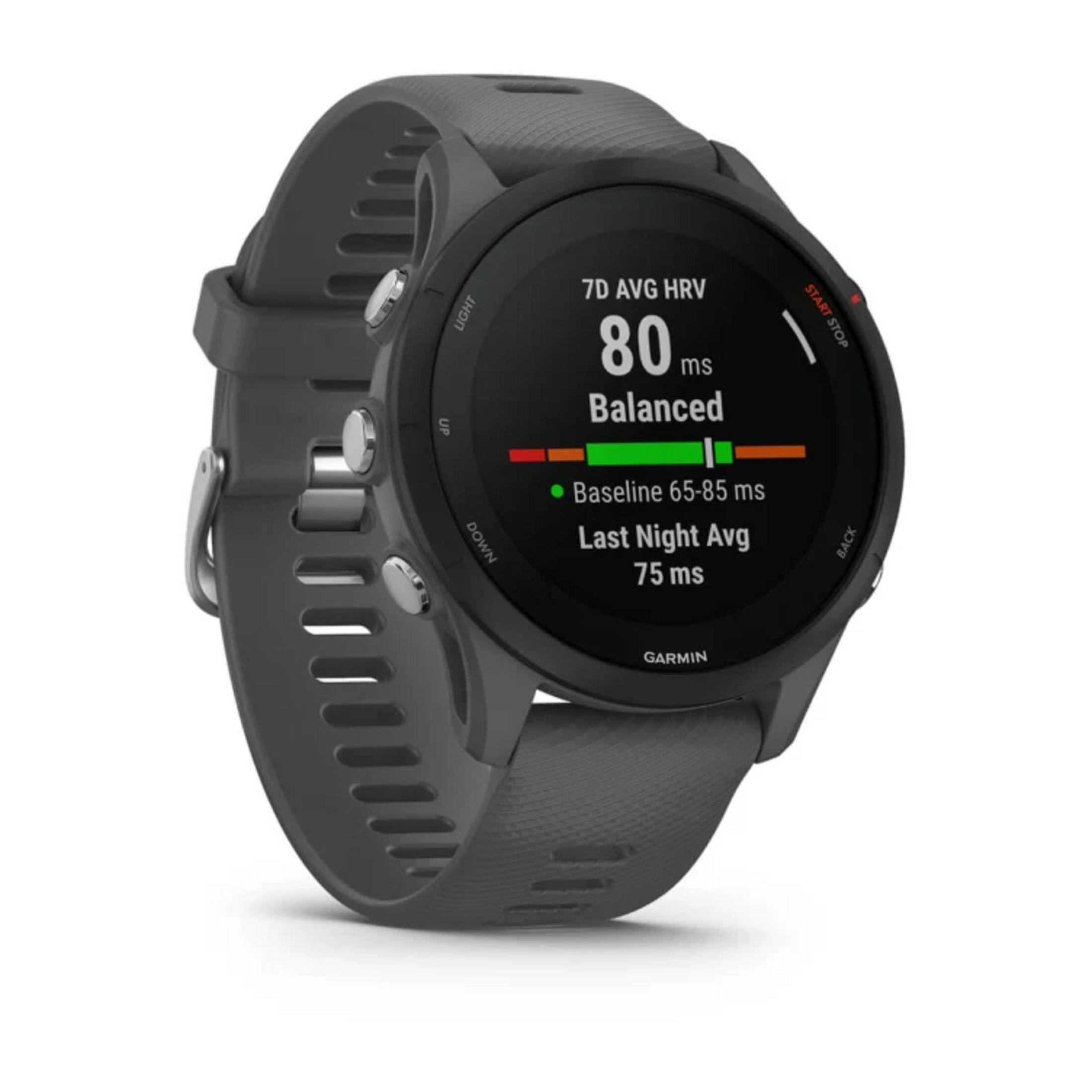 Smartwatch grigio con schermo scuro che mostra dati HRV: 80 ms, Bilanciato, Base 65-85 ms.