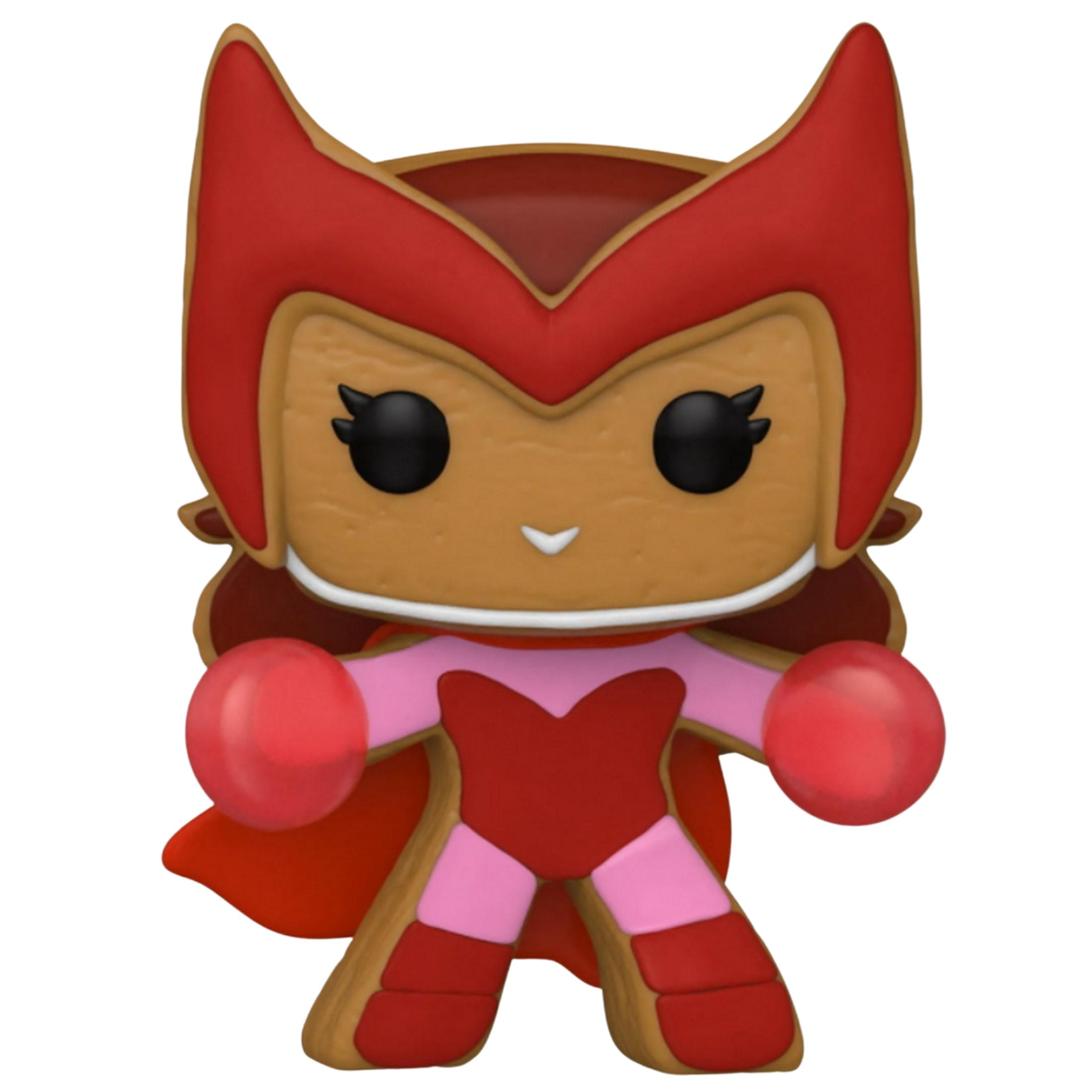 Una figura in stile biscotto di Scarlet Witch indossa un costume rosso e rosa con mantello rosso.